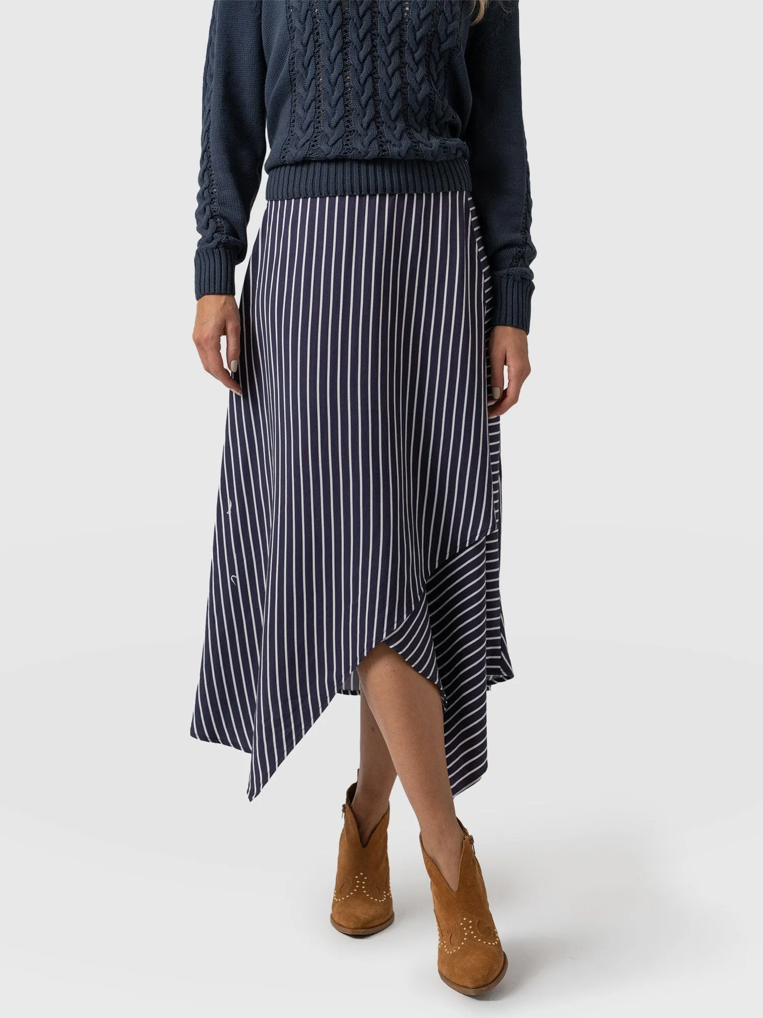 Oxford Wrap Skirt - Navy Mini Stripe