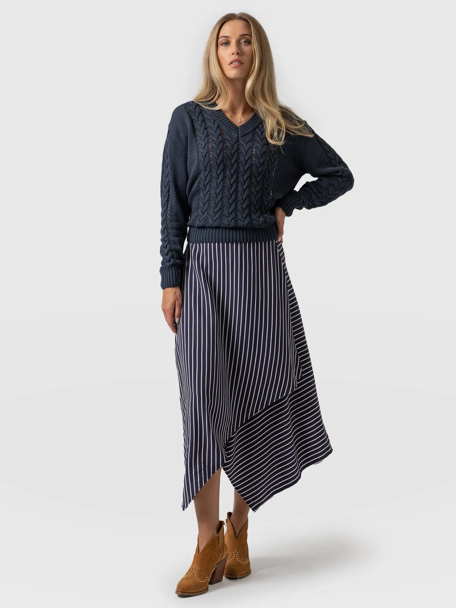 Oxford Wrap Skirt - Navy Mini Stripe