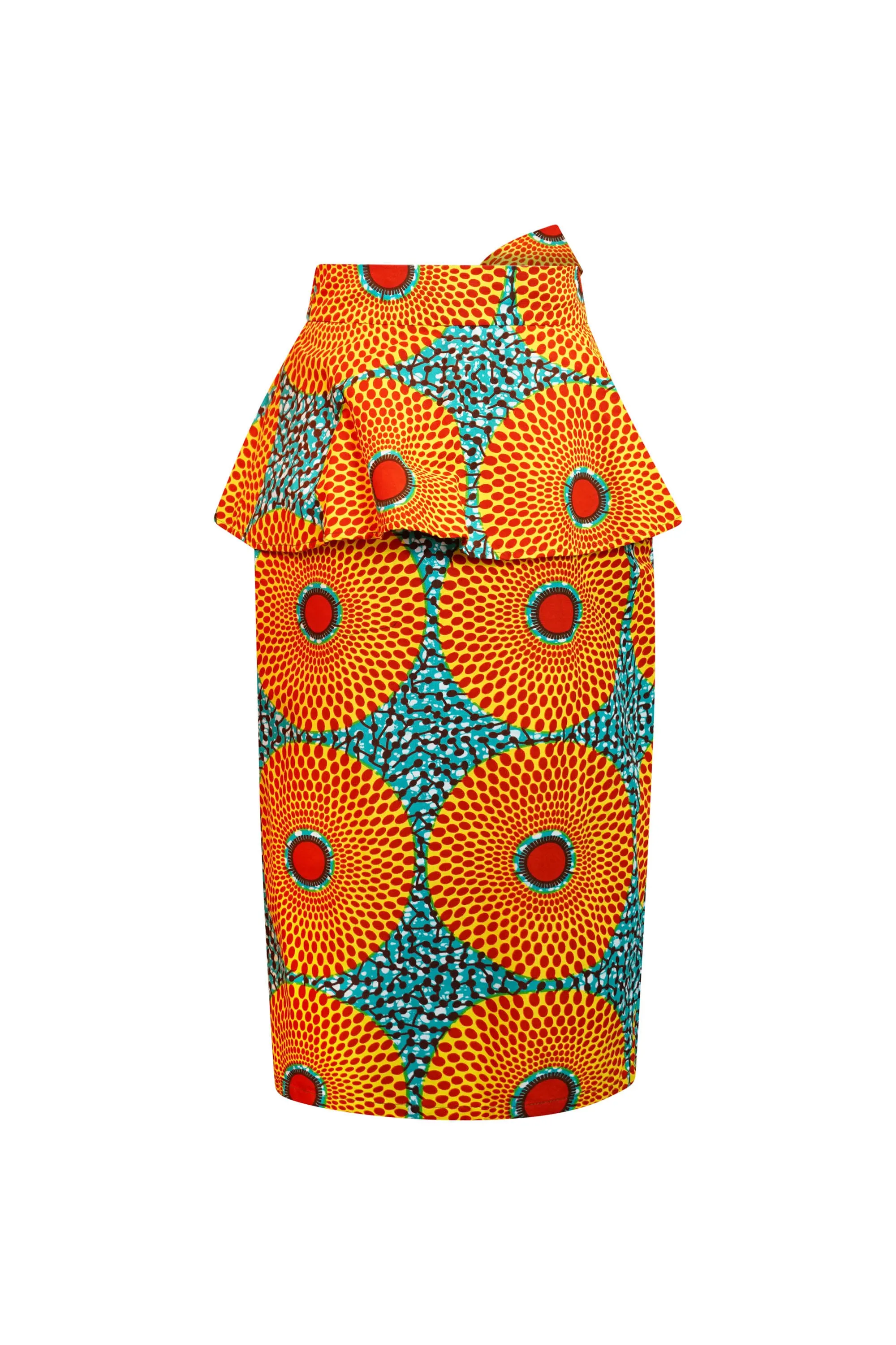 Peace Ruffled Pencil Midi Skirt - Orange and Cyan Water Well African Ankara Wax Cotton Print