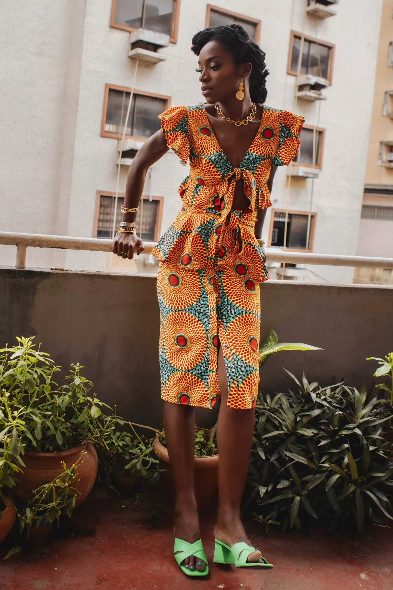 Peace Ruffled Pencil Midi Skirt - Orange and Cyan Water Well African Ankara Wax Cotton Print