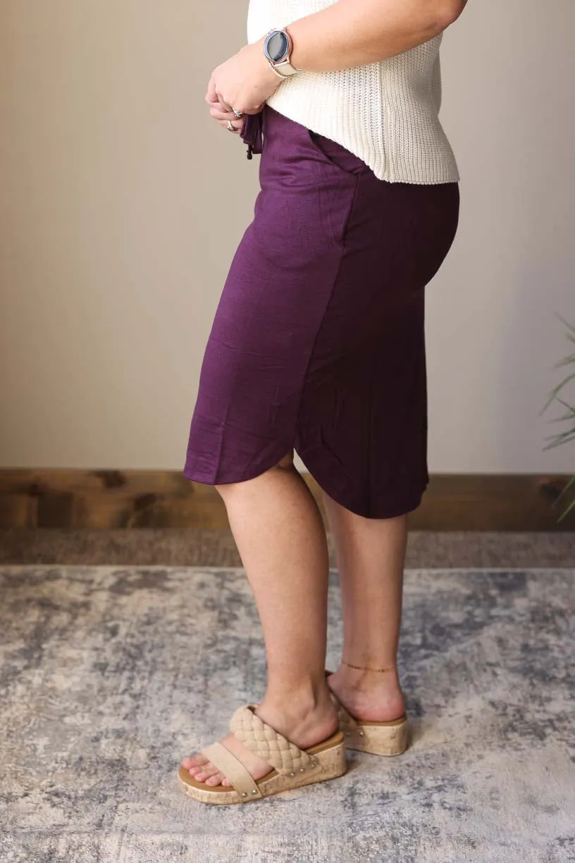 Plum Drawstring Waist Knit Pocket Midi Skirt