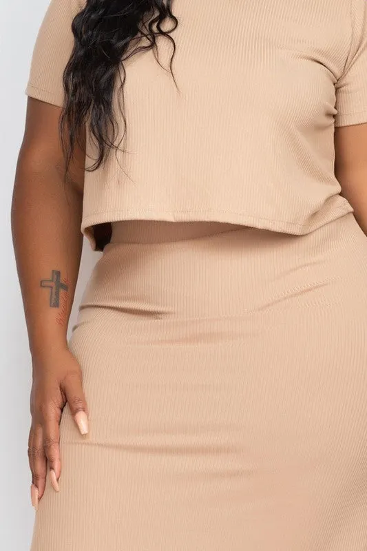 Plus size Ribbed Solid Top & Midi Skirt Set