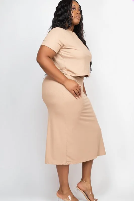 Plus size Ribbed Solid Top & Midi Skirt Set