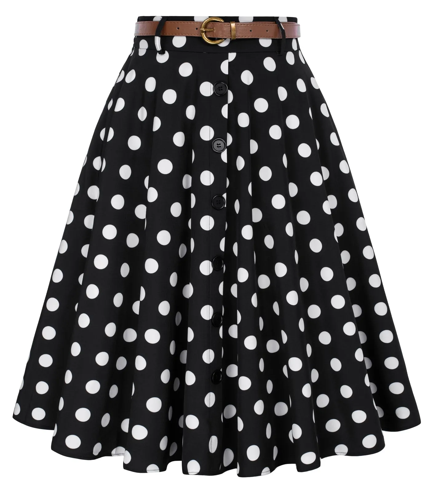 Polka Dots Swing Skirt with Belt Elastic High Waist Buttons Decorated Skirt