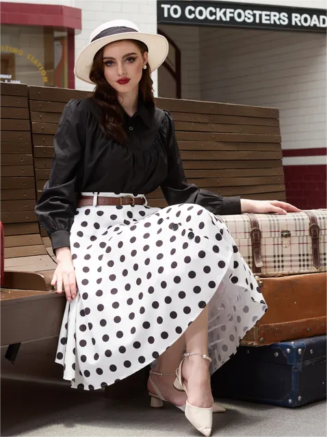 Polka Dots Swing Skirt with Belt Elastic High Waist Buttons Decorated Skirt