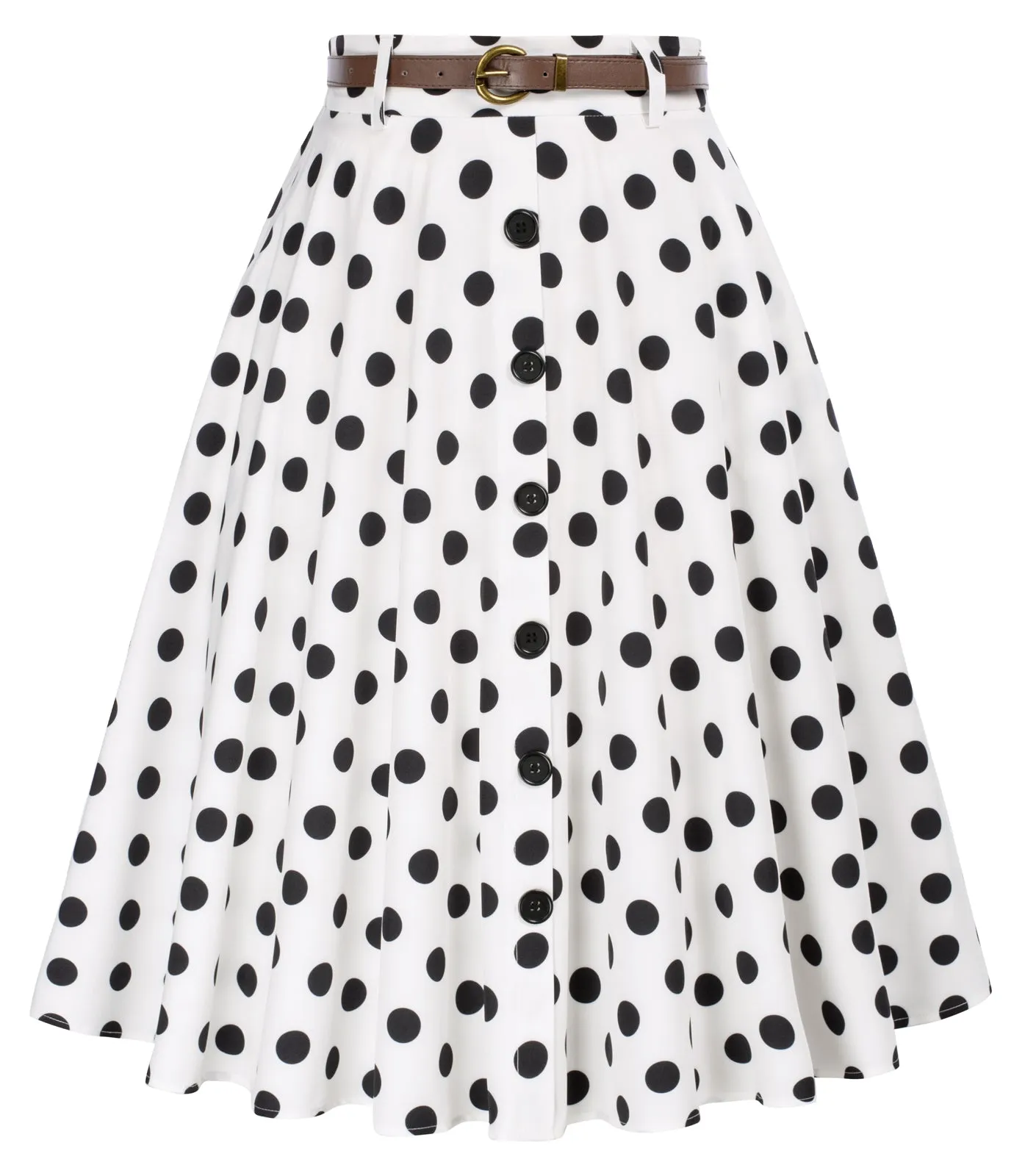 Polka Dots Swing Skirt with Belt Elastic High Waist Buttons Decorated Skirt