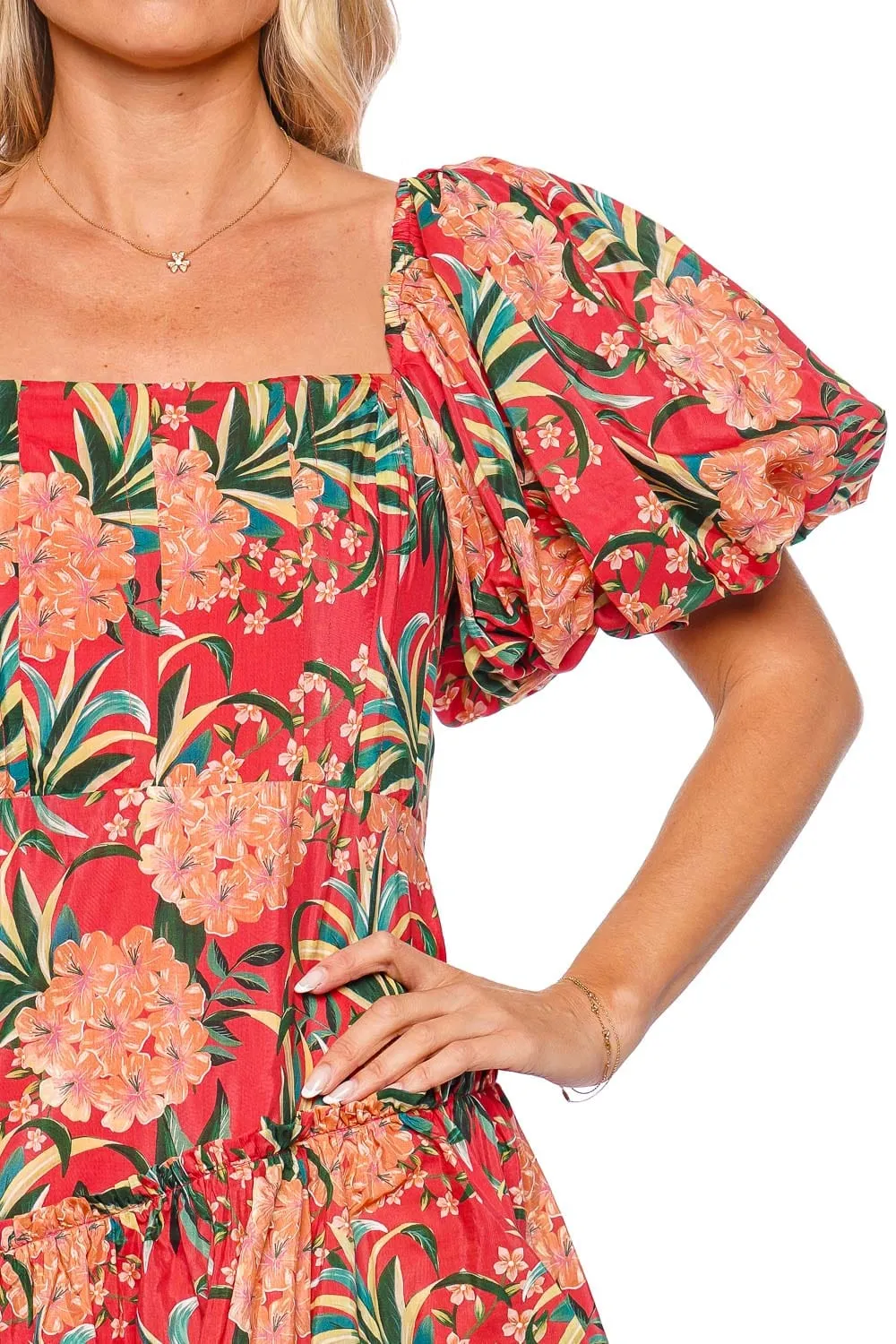 Red Pineapple Bloom Puff Sleeve Midi Dress