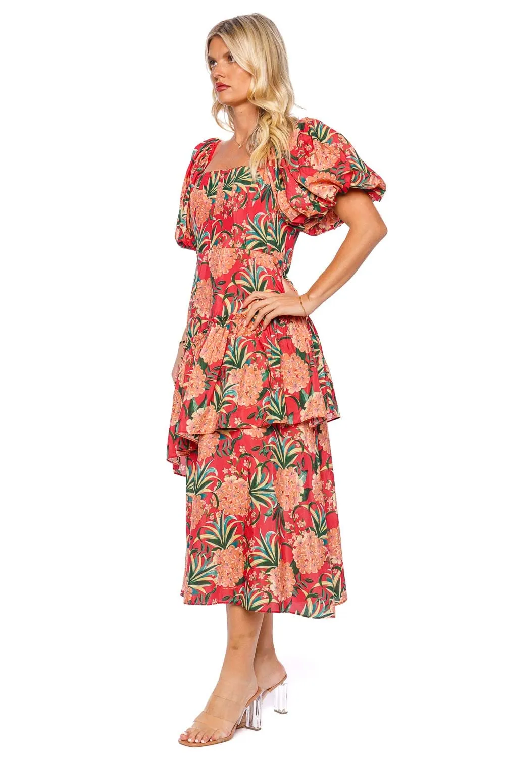 Red Pineapple Bloom Puff Sleeve Midi Dress