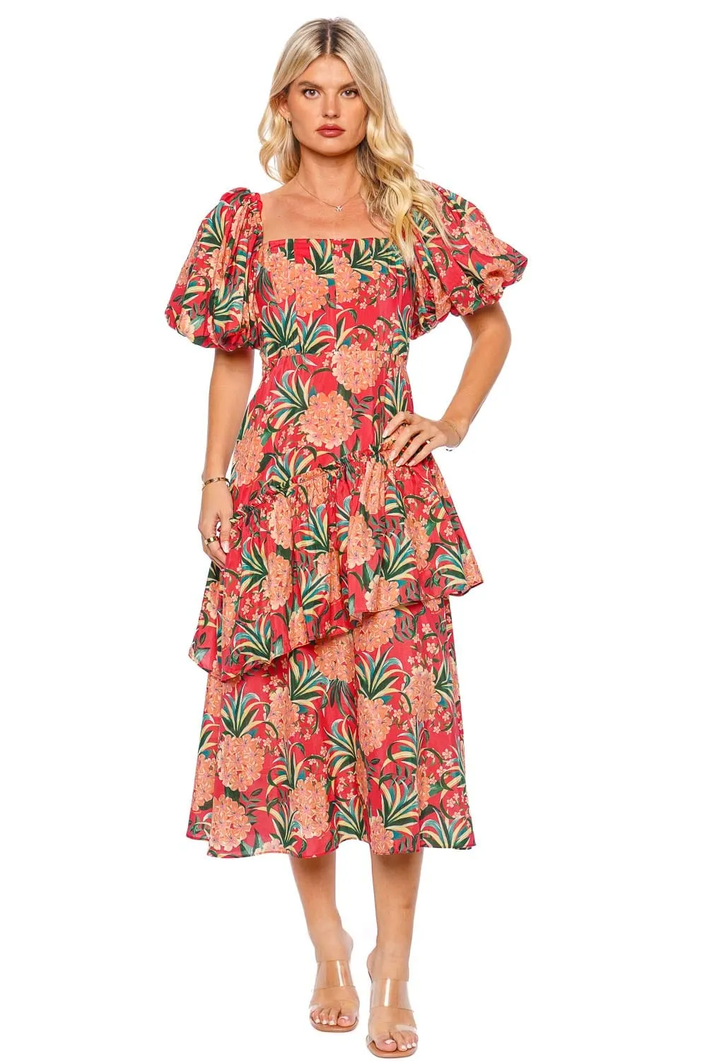 Red Pineapple Bloom Puff Sleeve Midi Dress