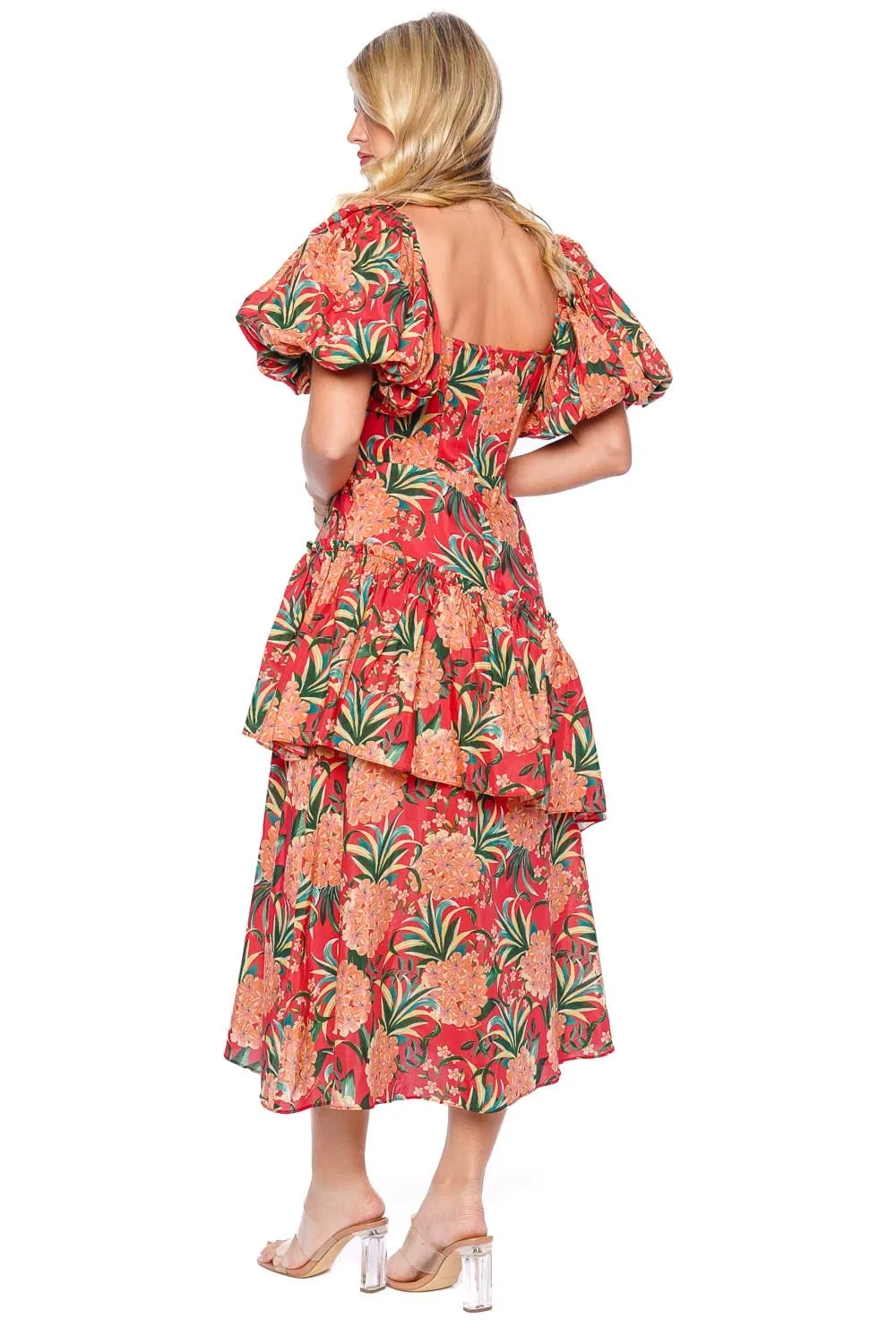 Red Pineapple Bloom Puff Sleeve Midi Dress