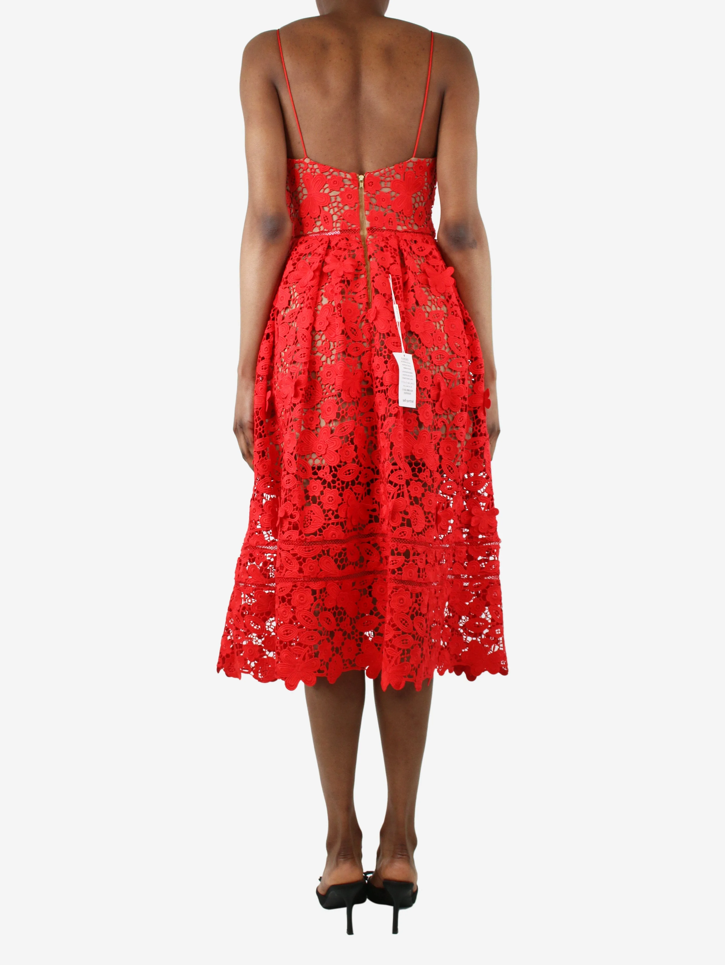 Red sleeveless broderie anglaise midi skirt - size UK 8