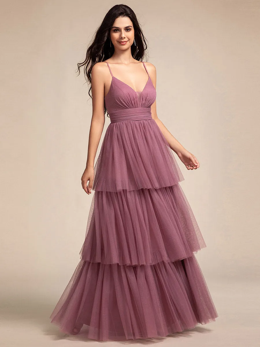 Romantic V Neck See-Through Cake pleated Bridesmaid Tulle Dresses