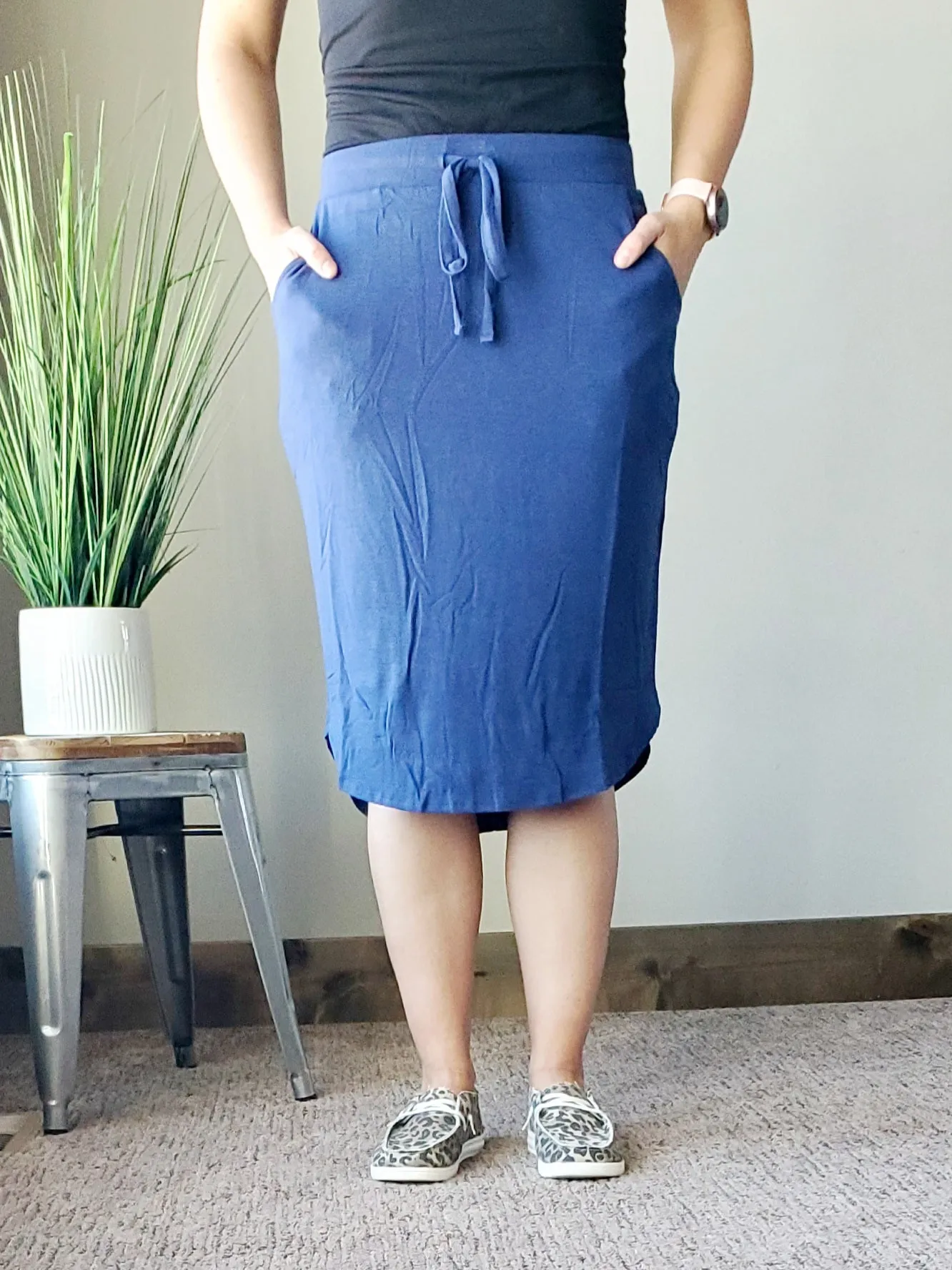 Royal Blue Elastic Waist Self Tie Hi-Low Hem Pocket Midi Skirt