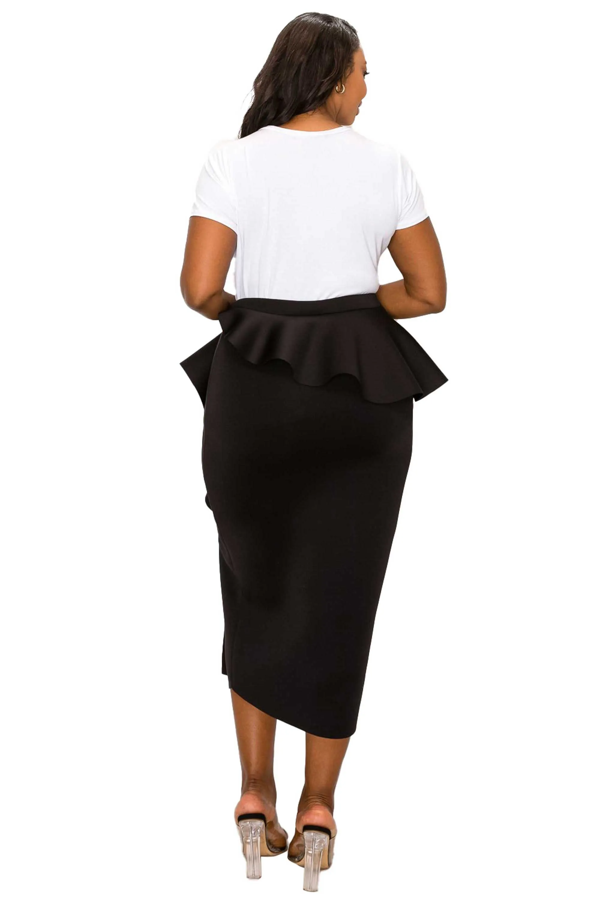 Ruffled Peplum Neoprene Midi Skirt