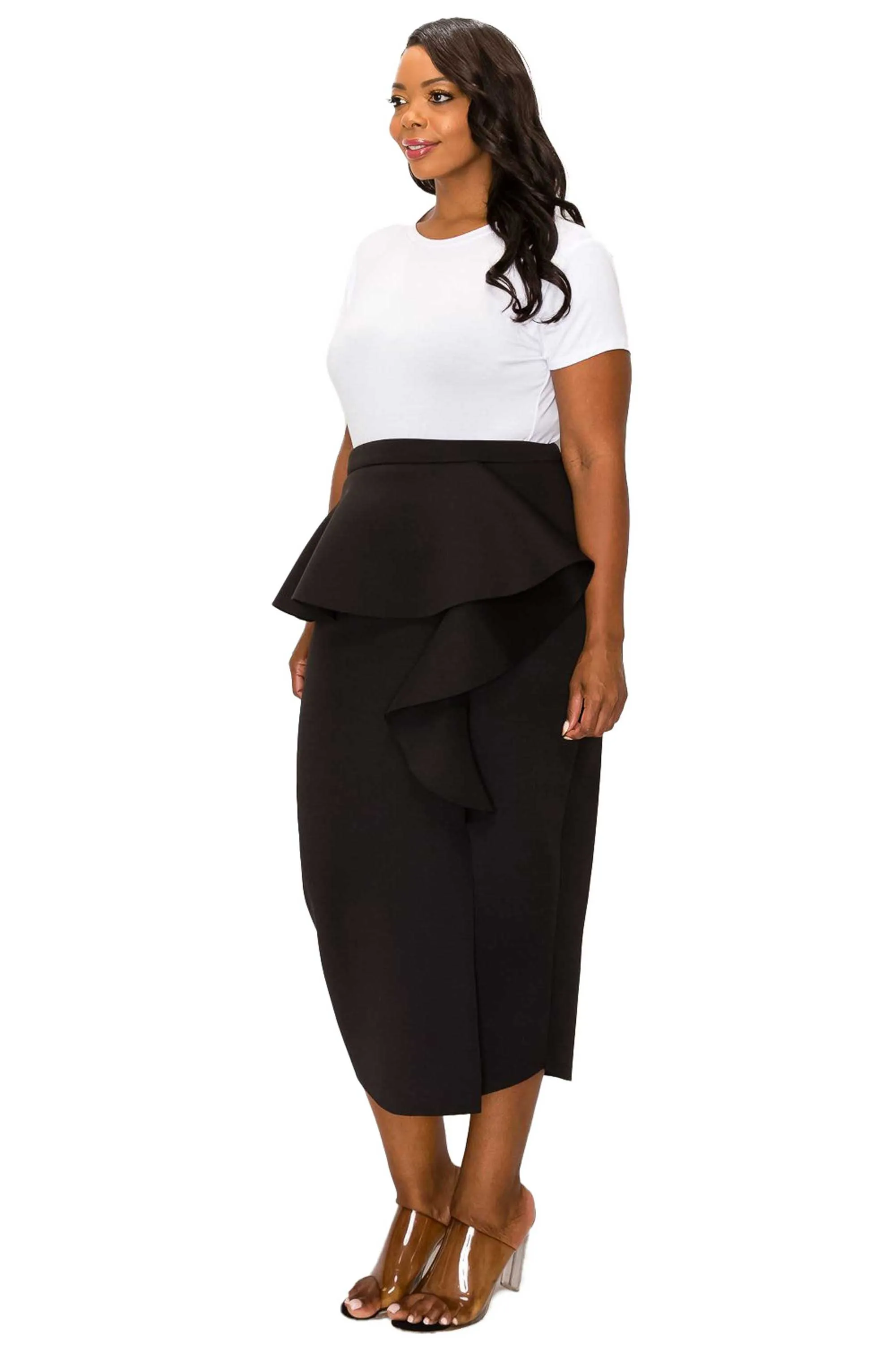 Ruffled Peplum Neoprene Midi Skirt