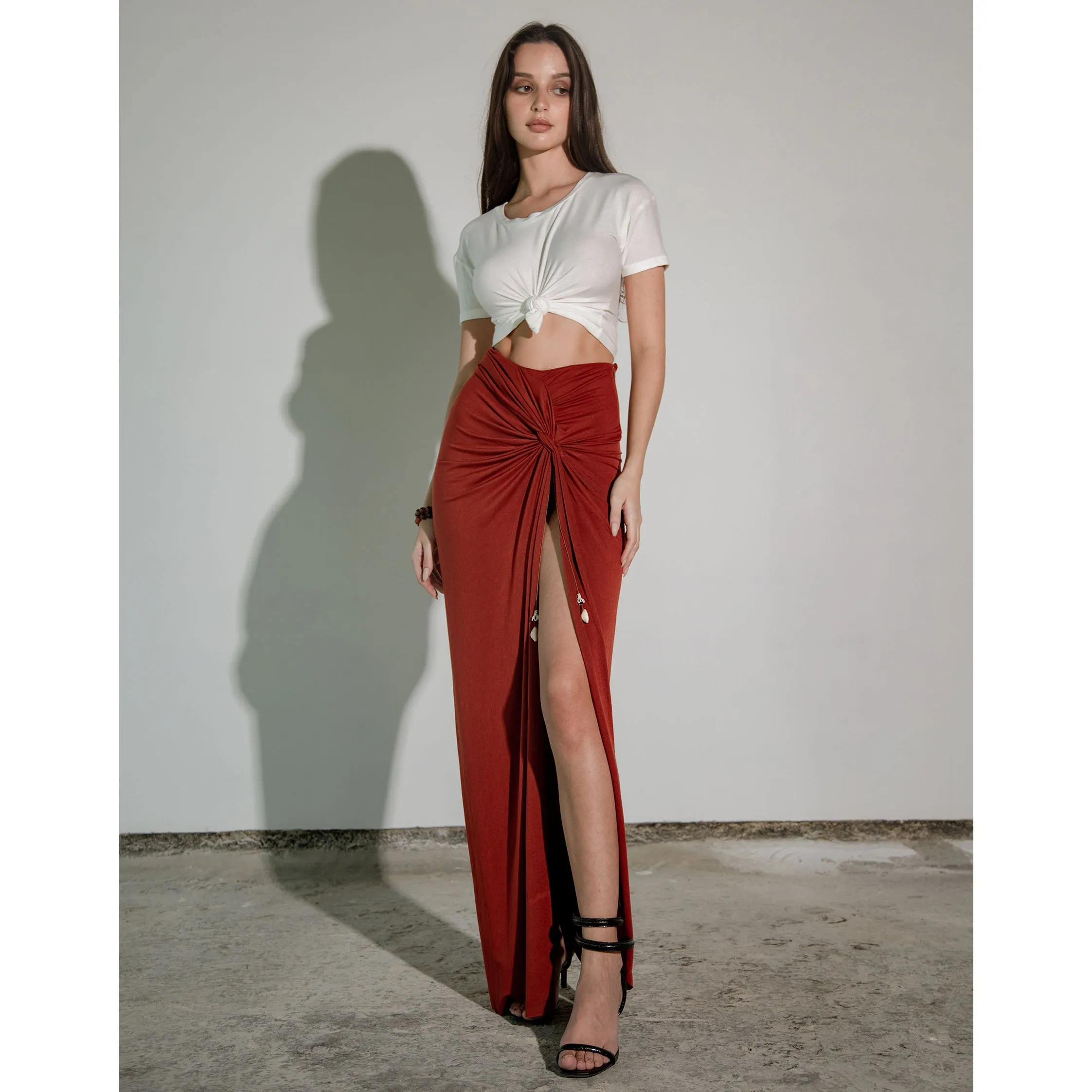 Rust Modal Soft Jersey Knotted Skirt with Shell Tassel