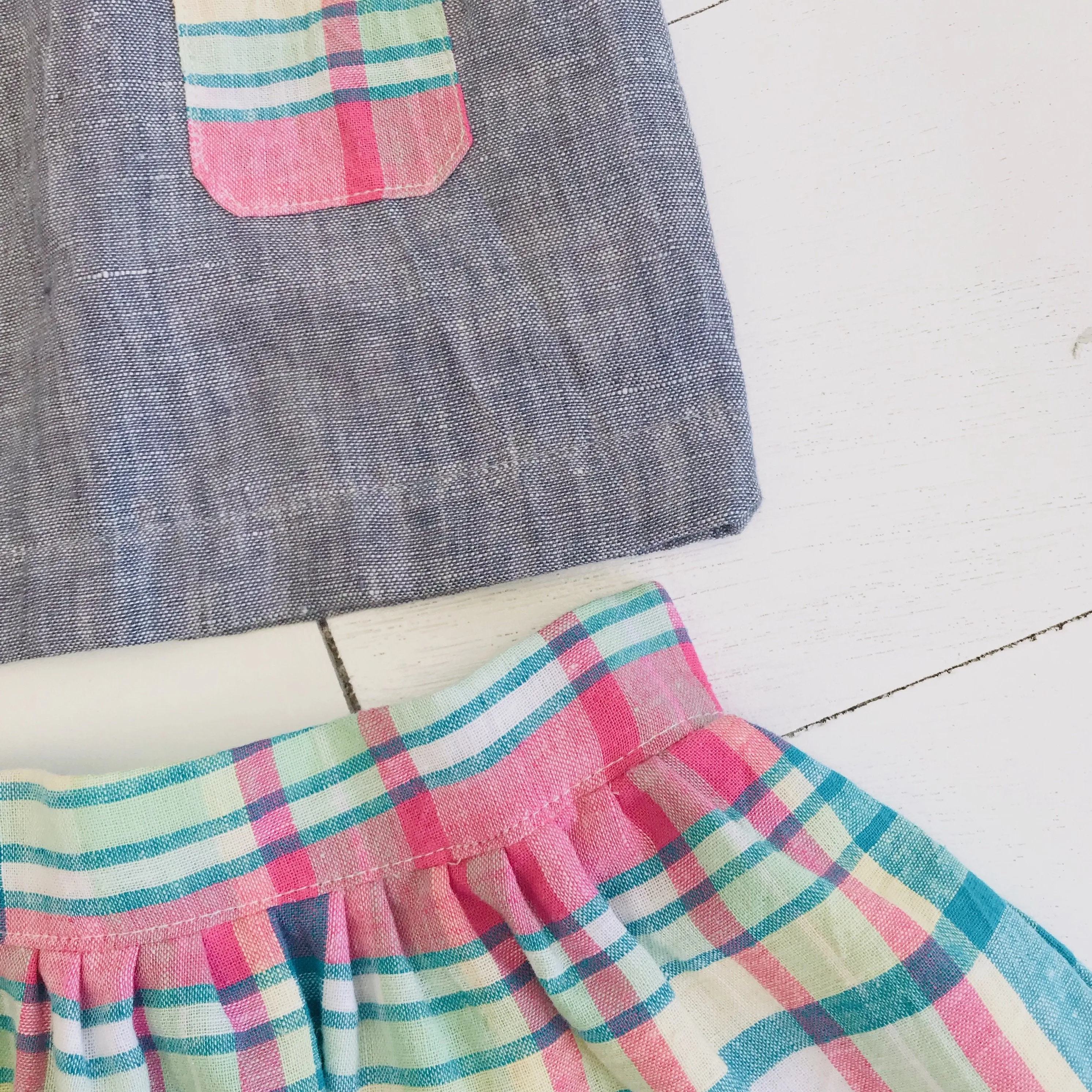 Sage Top and Skirt in Gray Linen & Bright Plaid