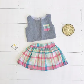 Sage Top and Skirt in Gray Linen & Bright Plaid