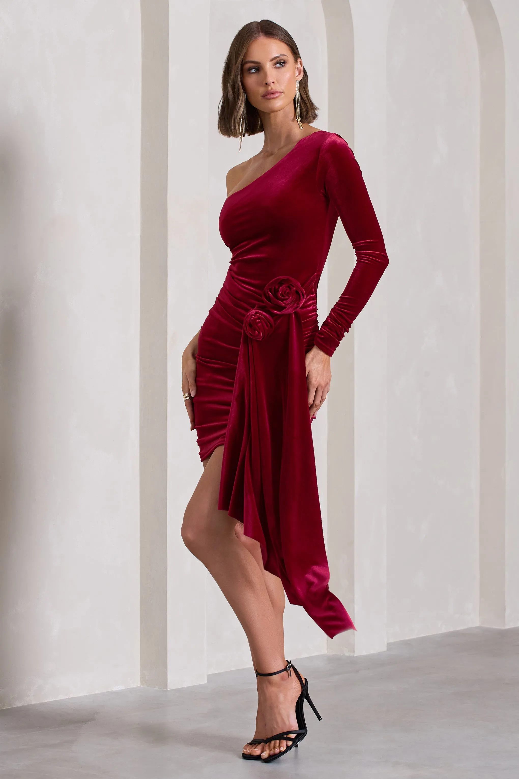 Saint Moritz | Berry Velvet One Sleeve Mini Dress With Flower Drape