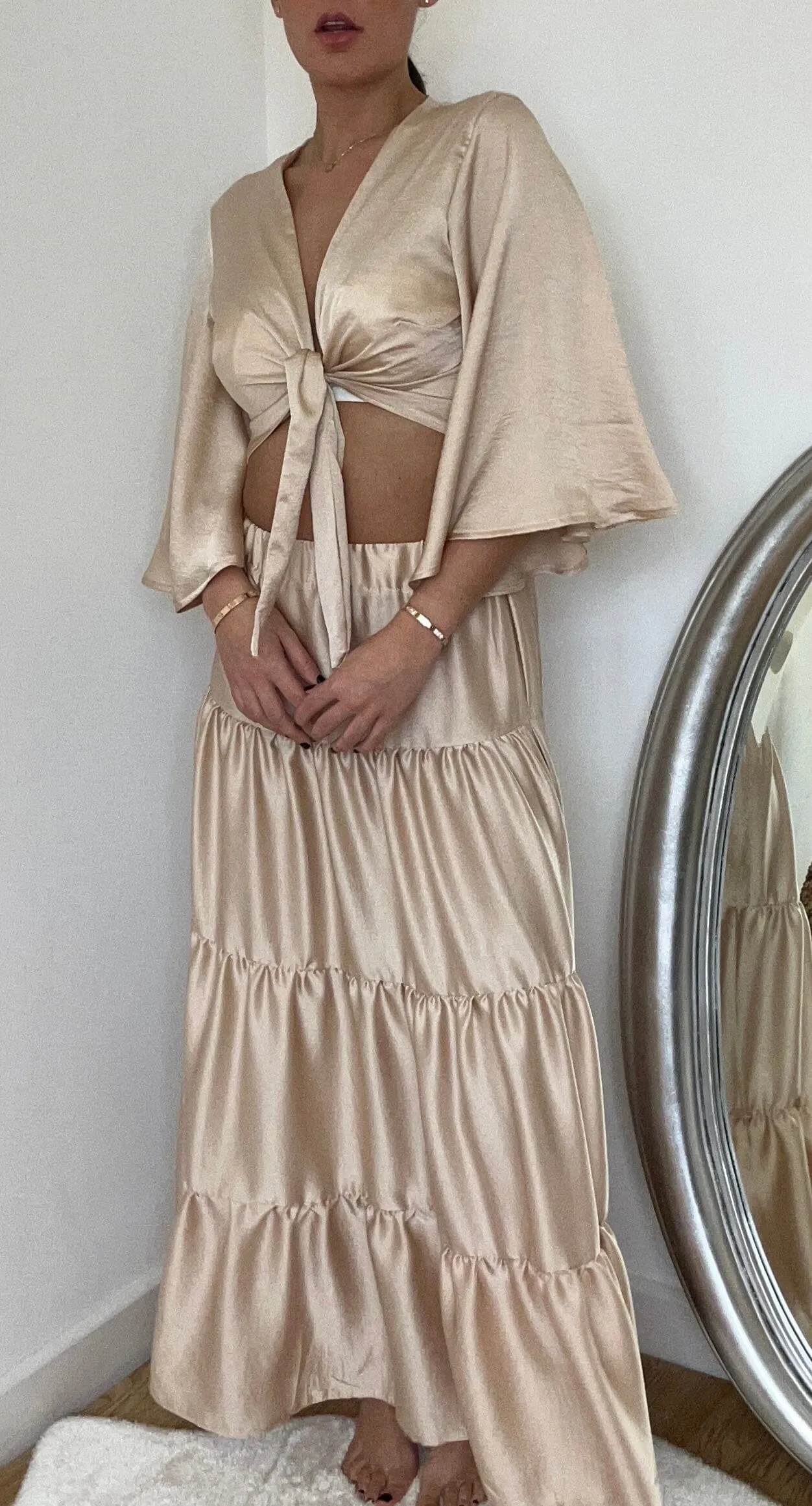 Satin Champagne Crop Top and Maxi Tier Skirt