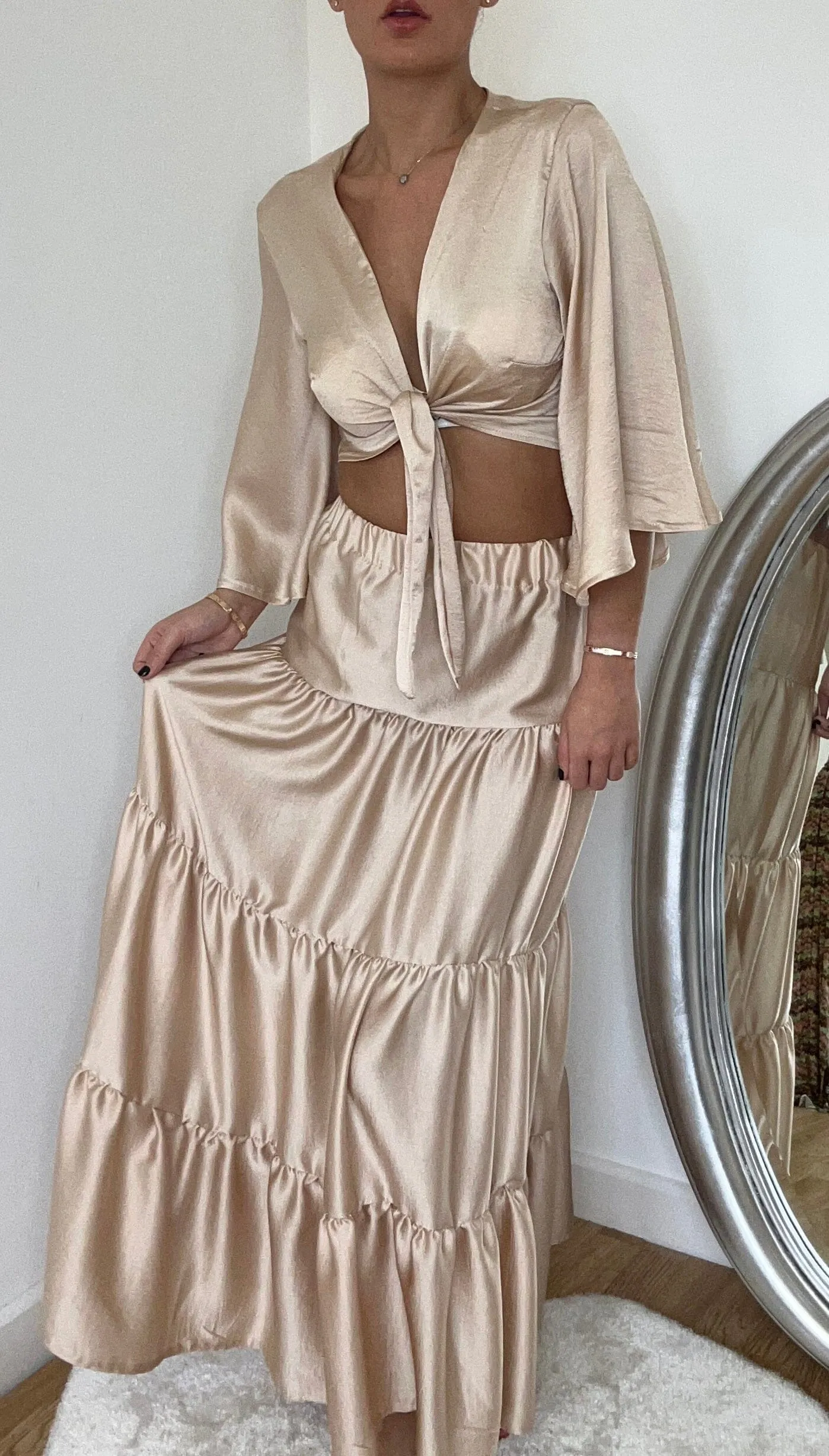 Satin Champagne Crop Top and Maxi Tier Skirt