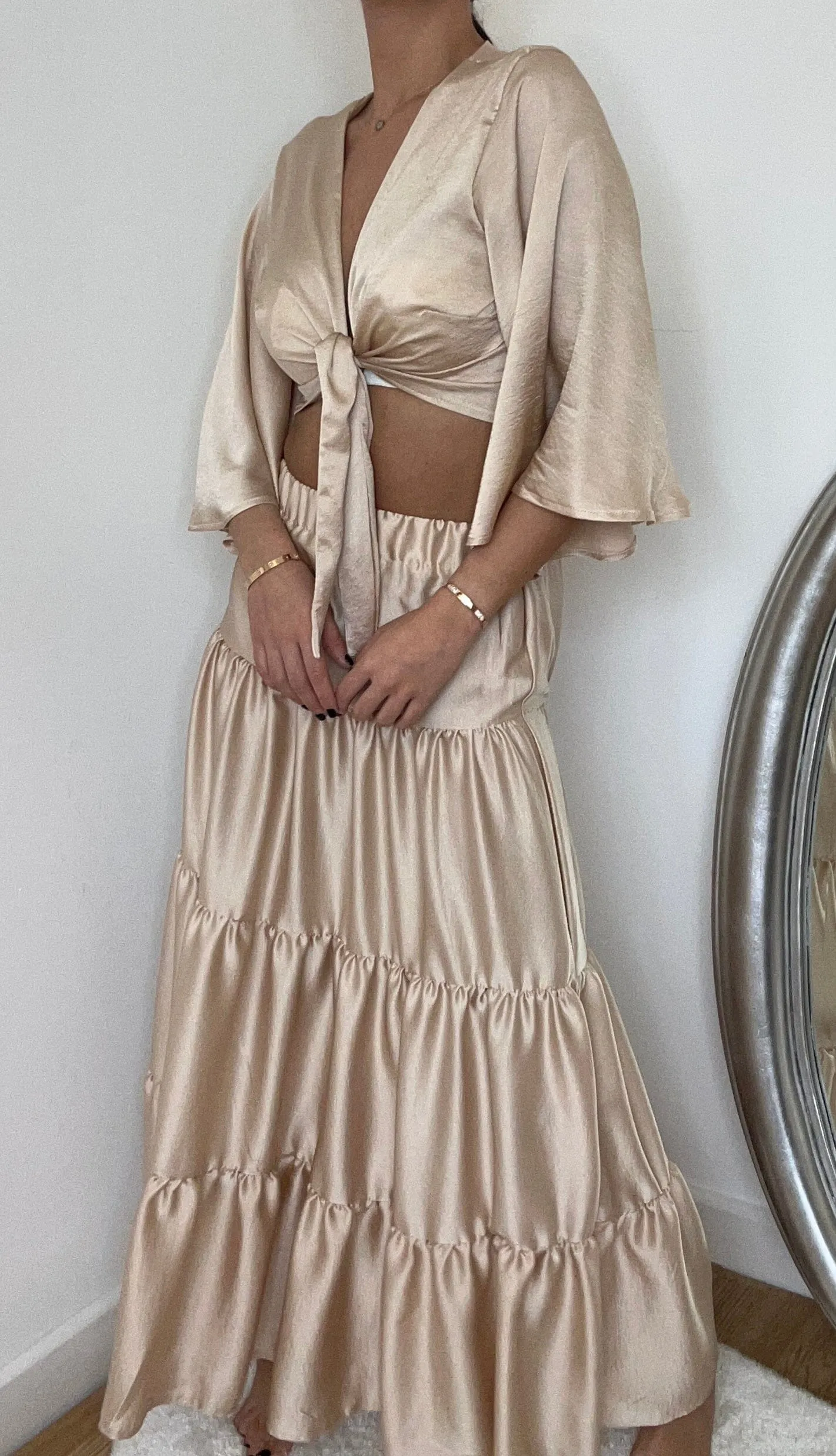 Satin Champagne Crop Top and Maxi Tier Skirt