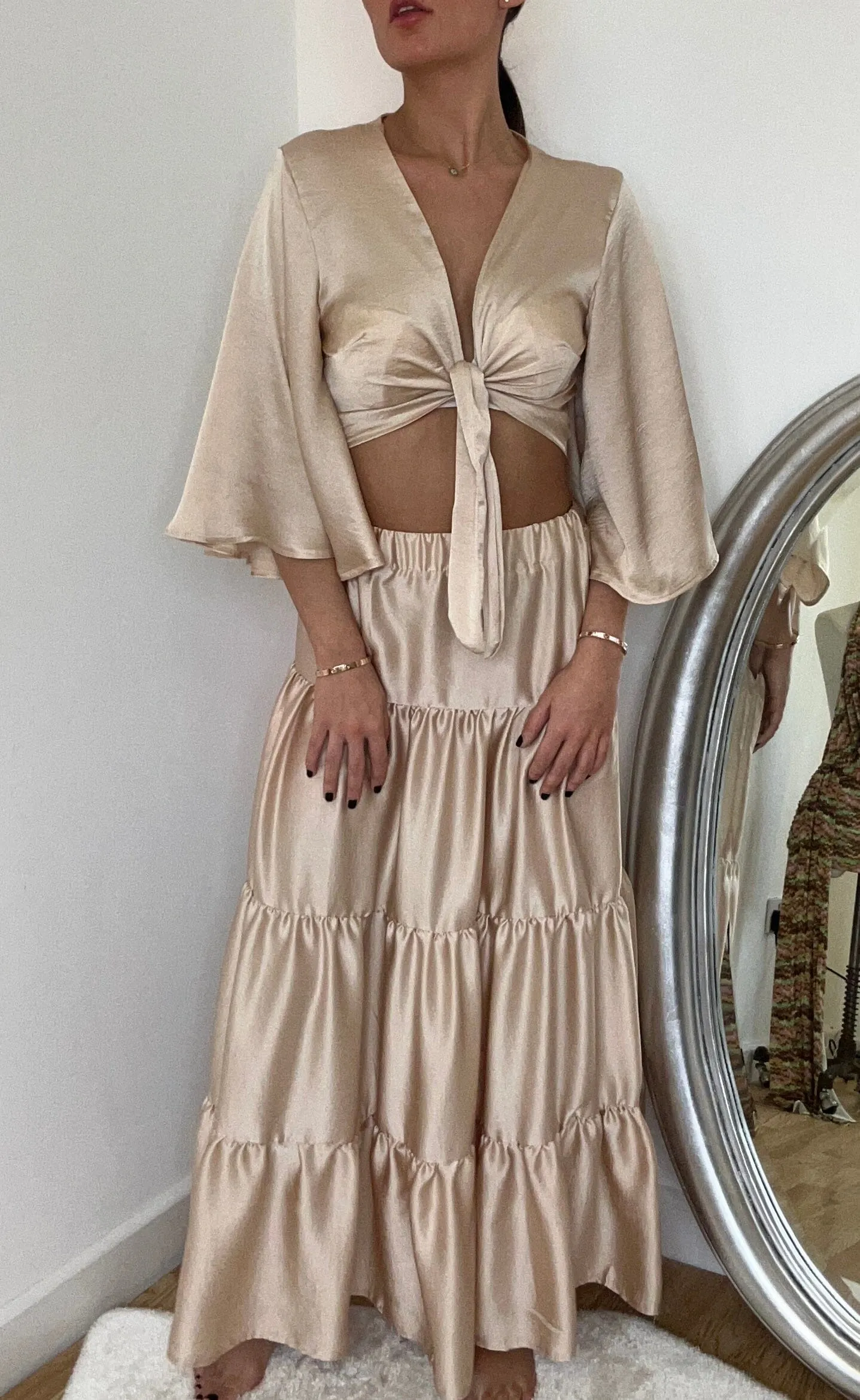 Satin Champagne Crop Top and Maxi Tier Skirt