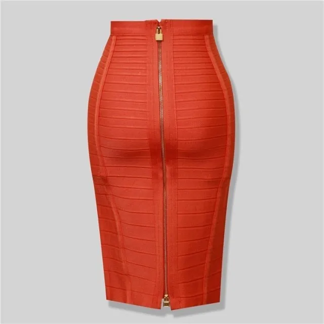 Sexy Solid Zip Up Bandage Skirt Women Elastic Bodycon Summer Pencil Skirt 58cm