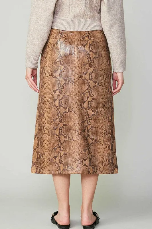 Snake Skin Print Faux Leather Skirt-Caramel