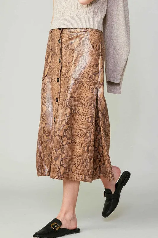 Snake Skin Print Faux Leather Skirt-Caramel