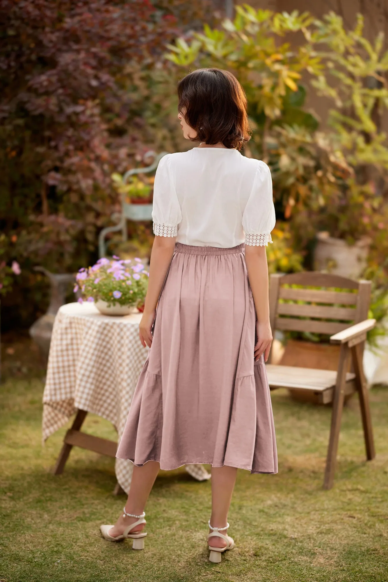 Solid Color Tiered Swing Skirt High Waist Button Decorated A-Line Skirt