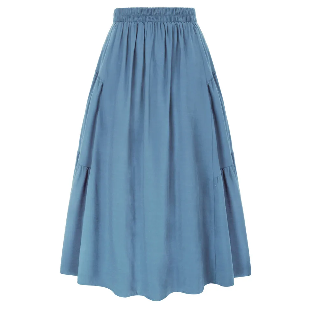 Solid Color Tiered Swing Skirt High Waist Button Decorated A-Line Skirt