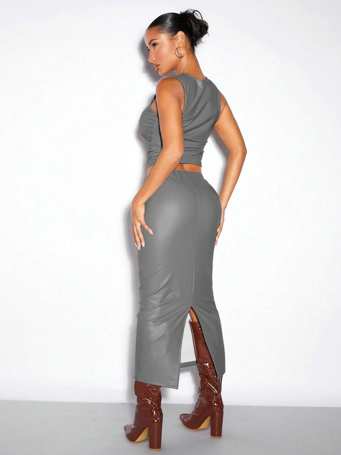 Solid PU Leather Tank Top & Pencil Skirt