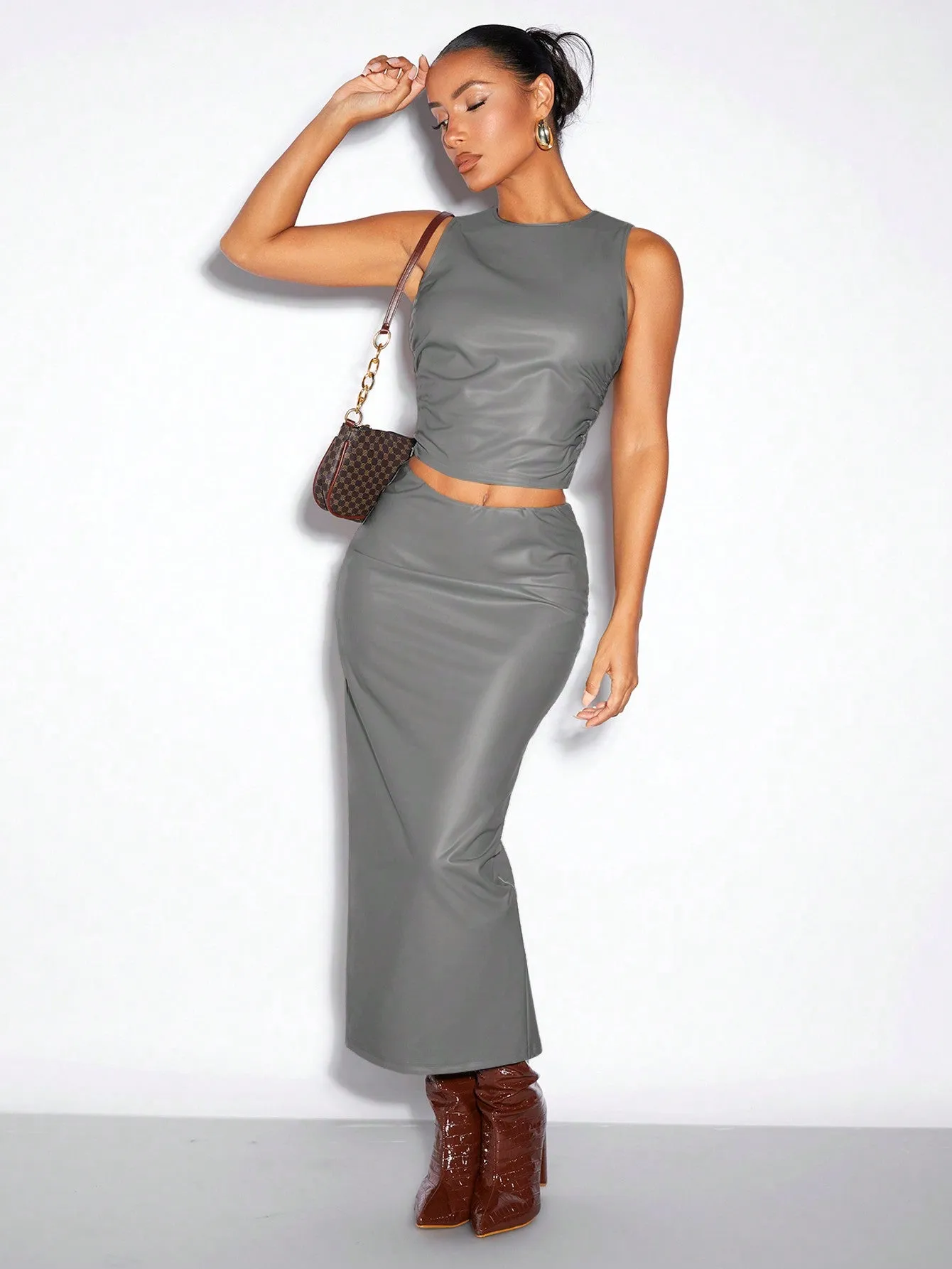 Solid PU Leather Tank Top & Pencil Skirt