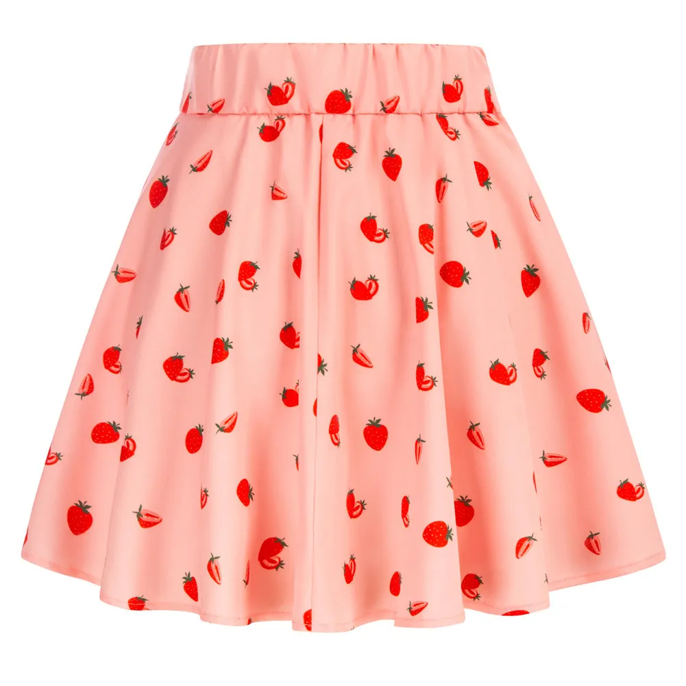 Strawberry Printed Belt Decorated with Attached Briefs High Waist A-Line Skirt With Pockets