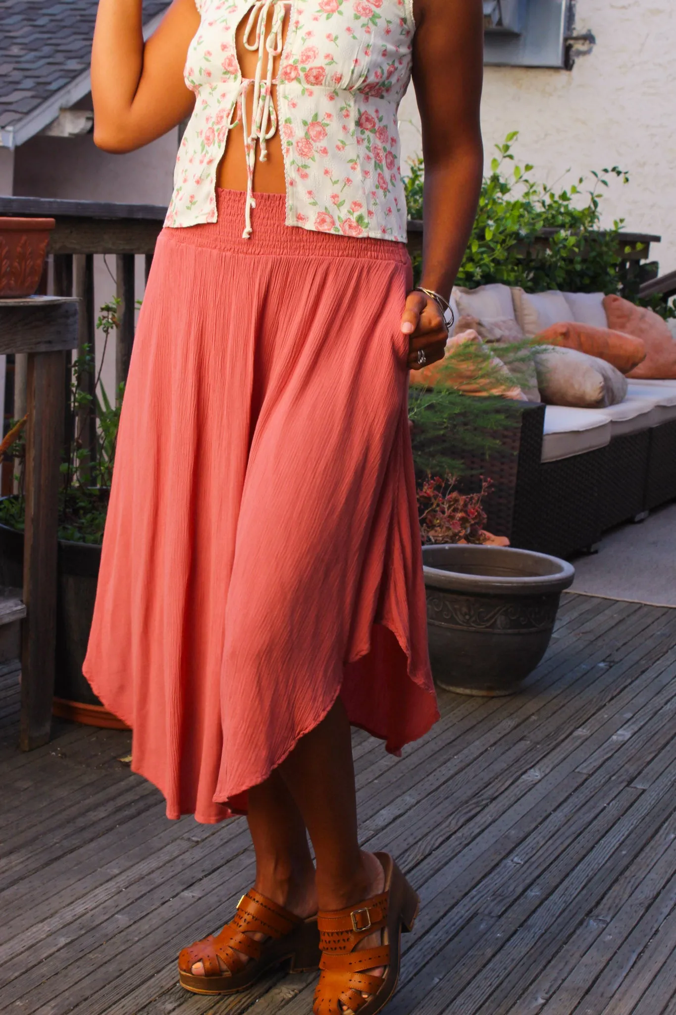 Sunset Stroll Smocked Waist Flowy Midi Skirt - Rosewood