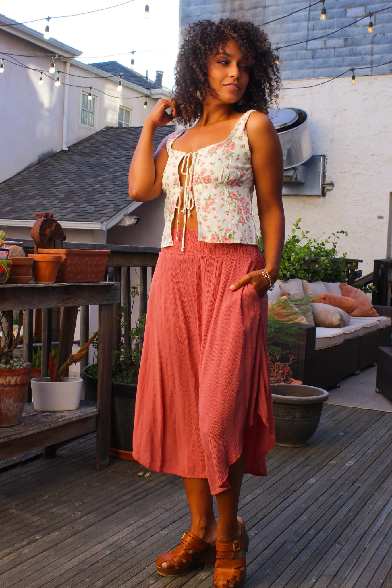 Sunset Stroll Smocked Waist Flowy Midi Skirt - Rosewood