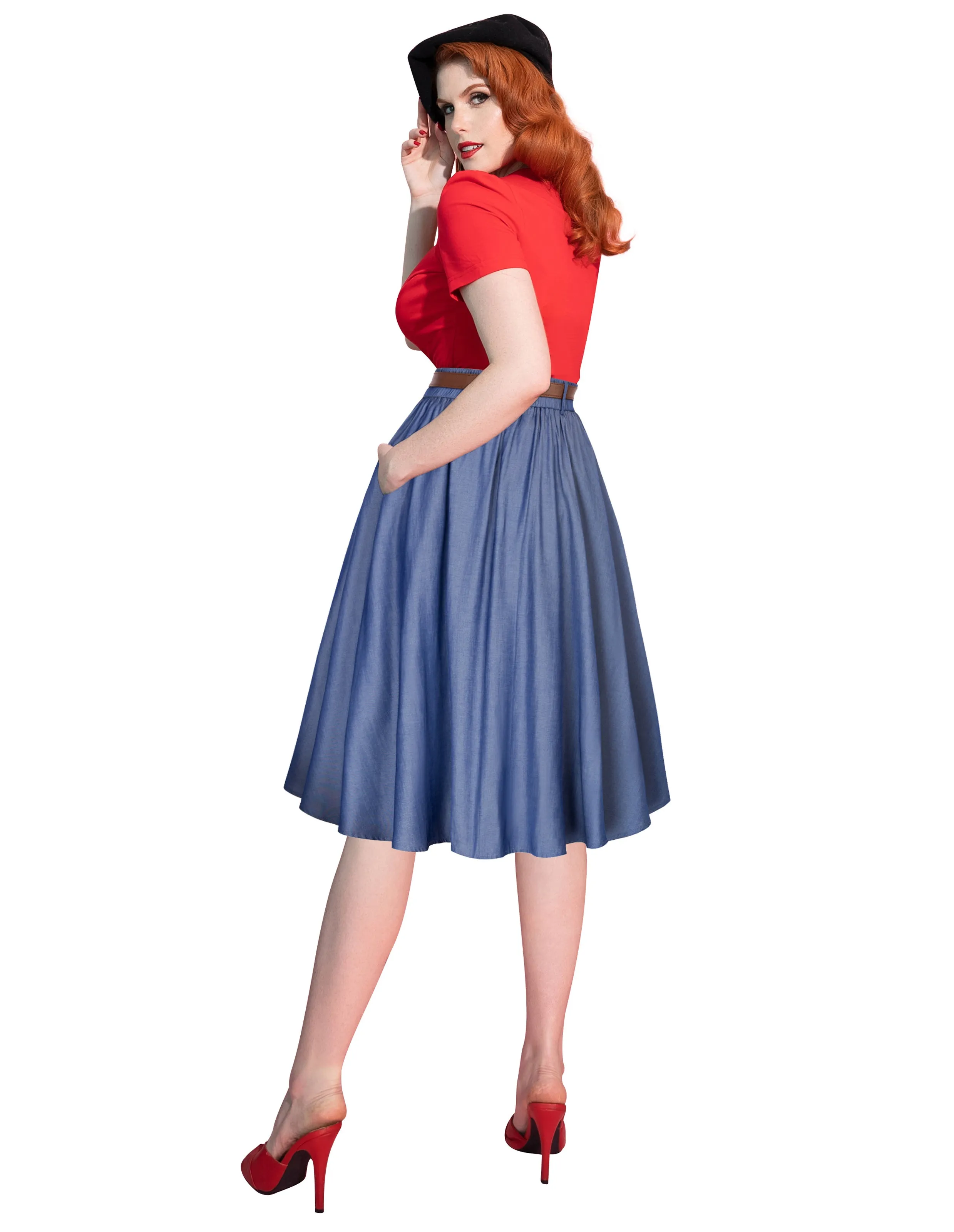 Swing Skirt with Belt Elastic High Waist Buttons Decorated Skirt