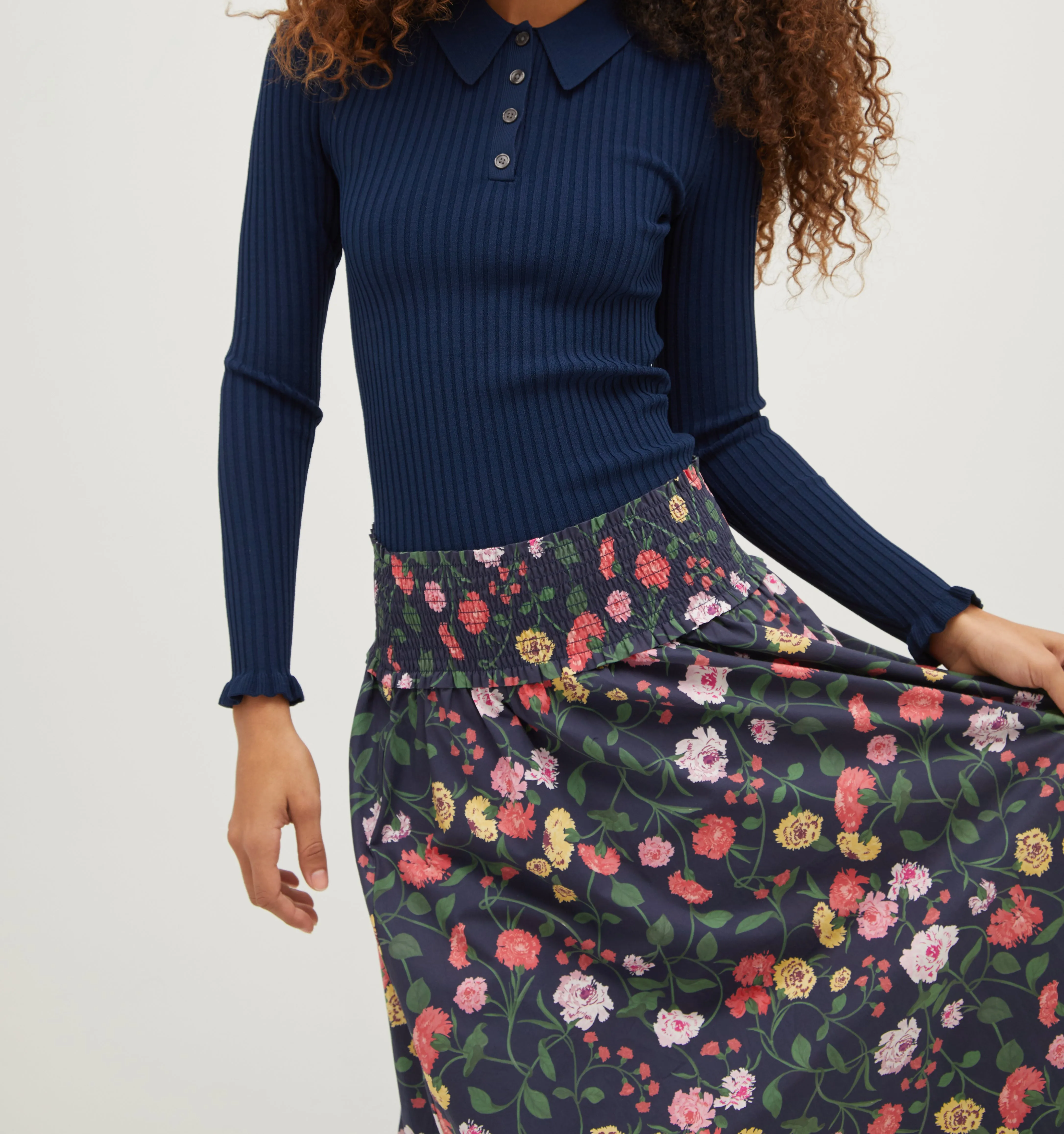 The Delphine Nap Skirt - Navy Peony Bouquet Cotton