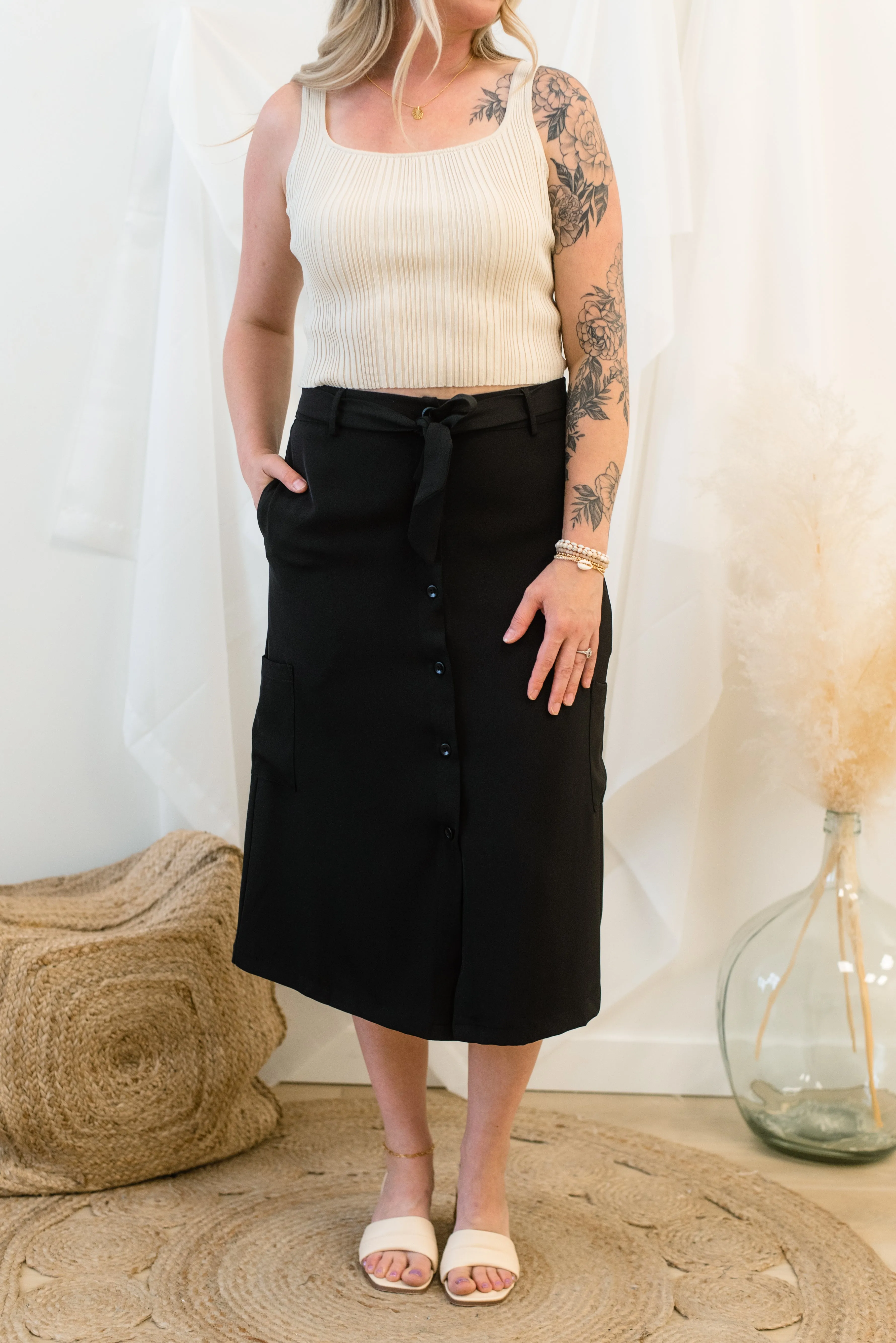 The Sally Button Front Midi Skirt