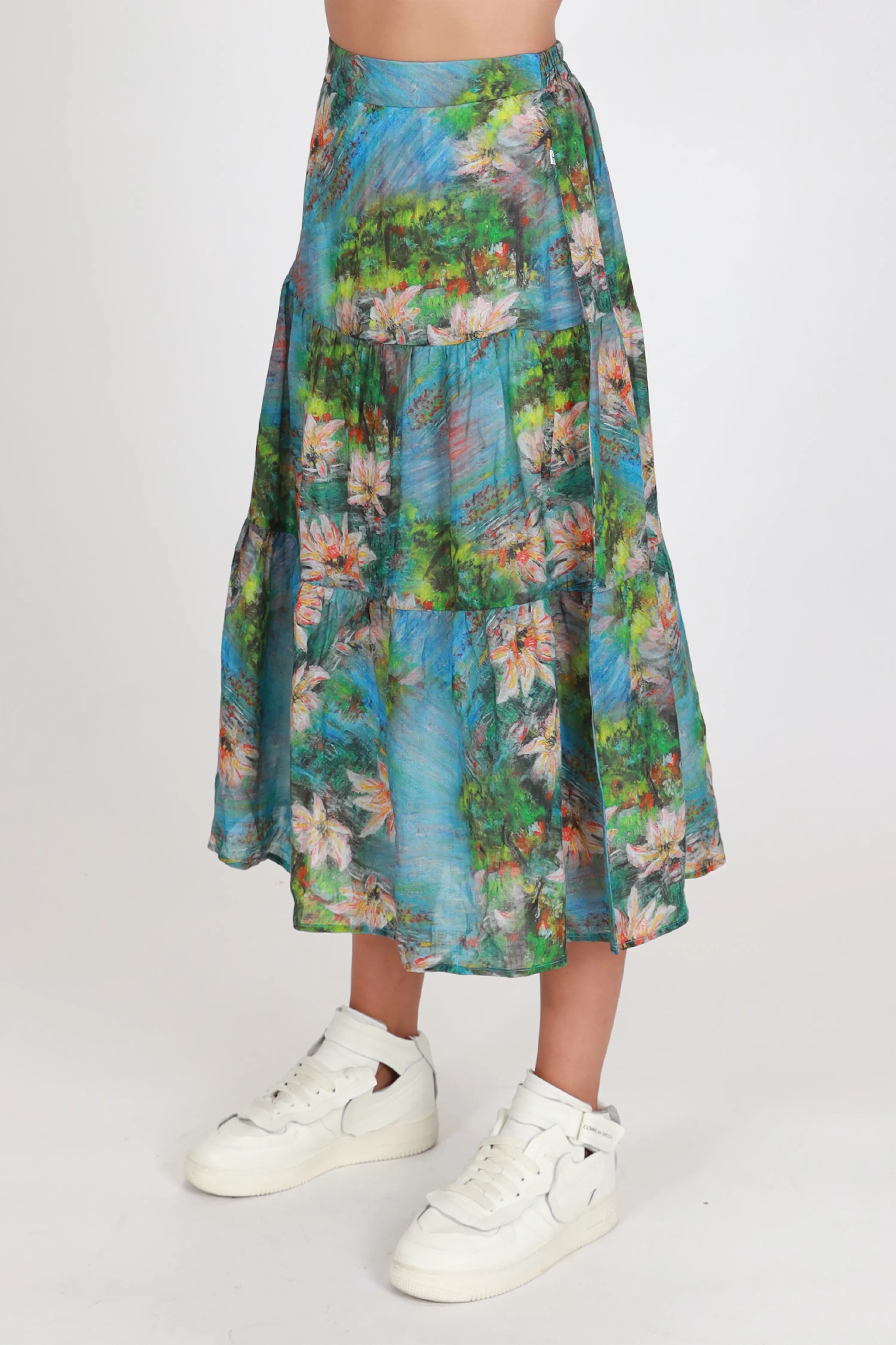 Tier Painted Blue Floral Midi Skirt