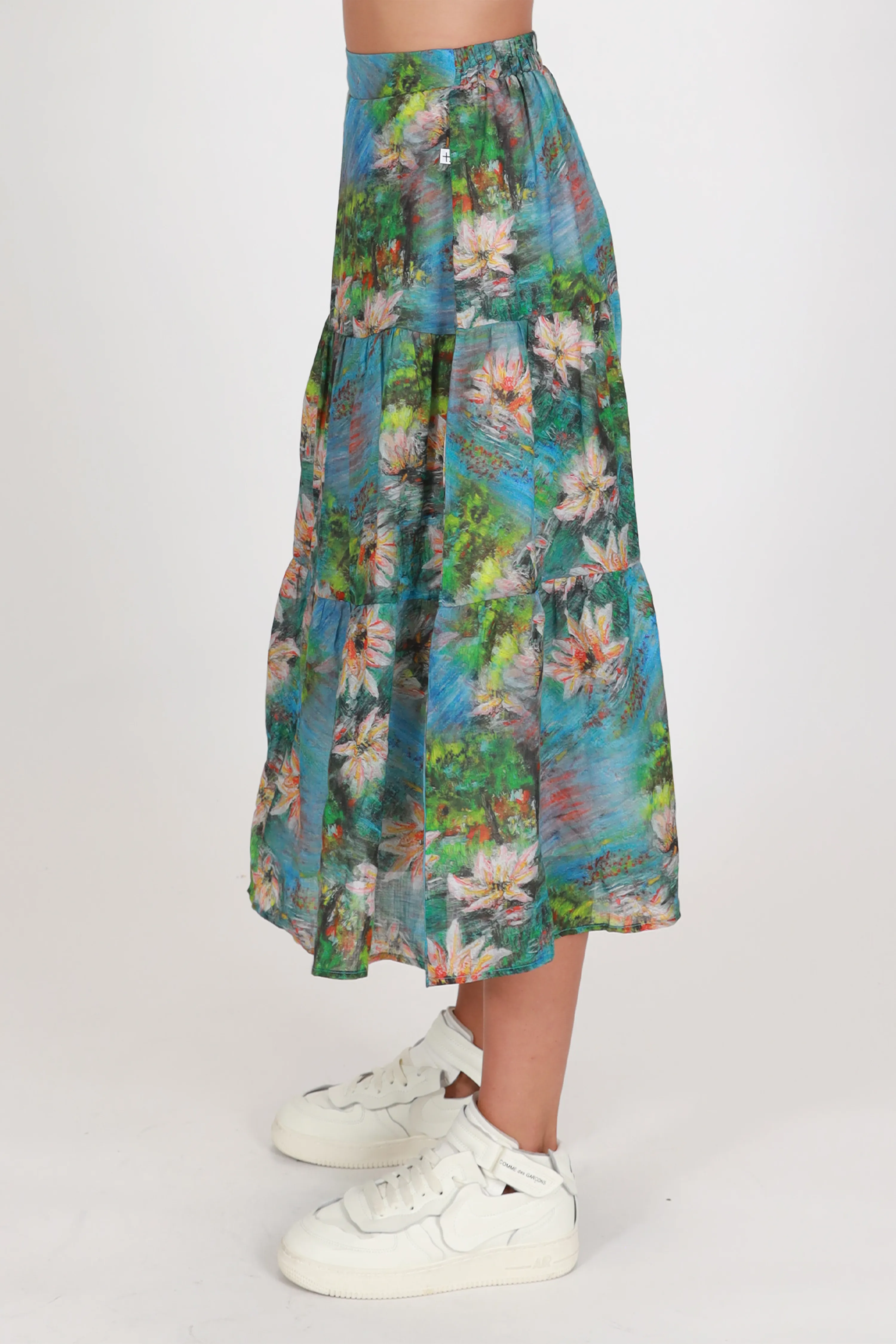 Tier Painted Blue Floral Midi Skirt