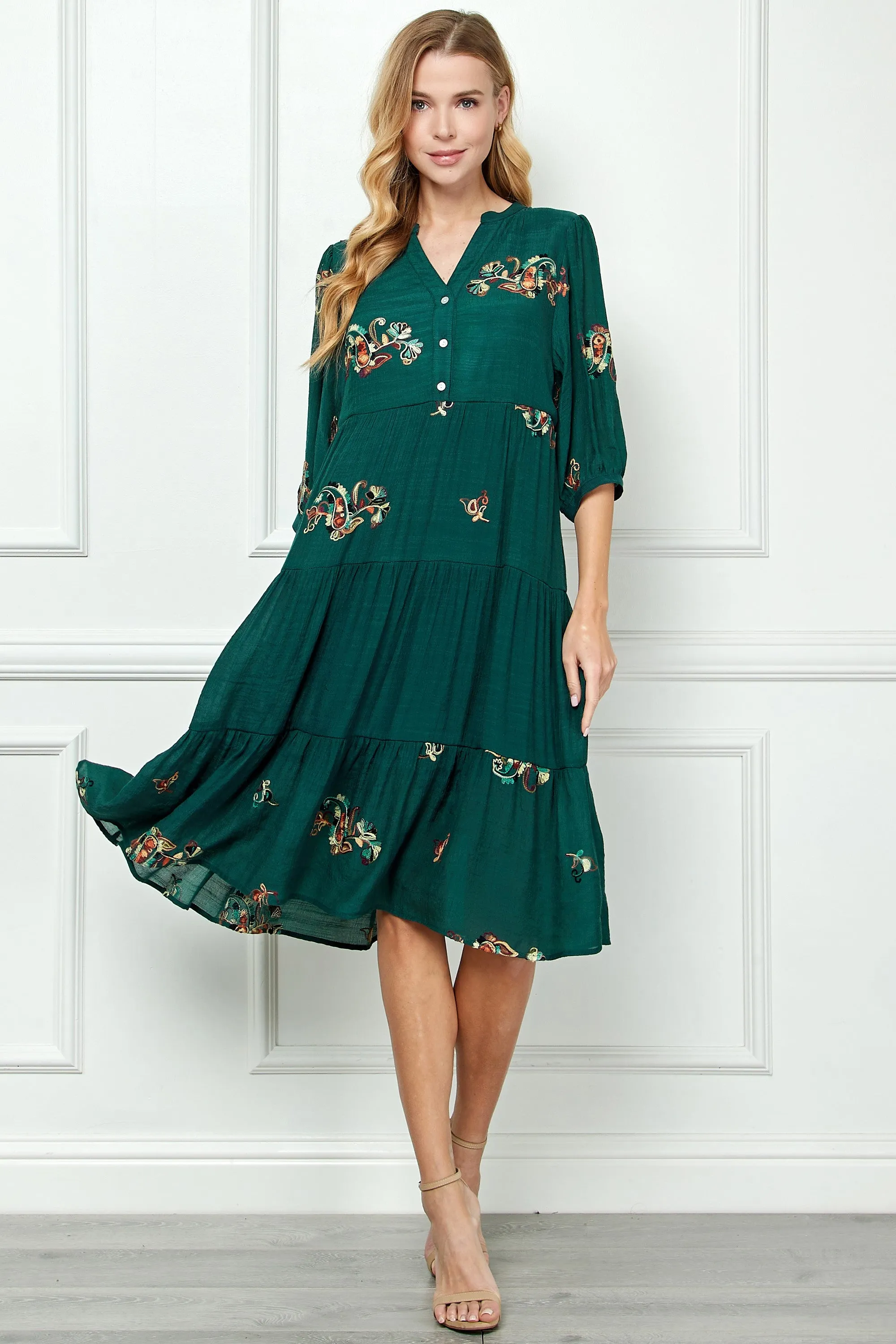 Tiered Embroidered Midi Dress