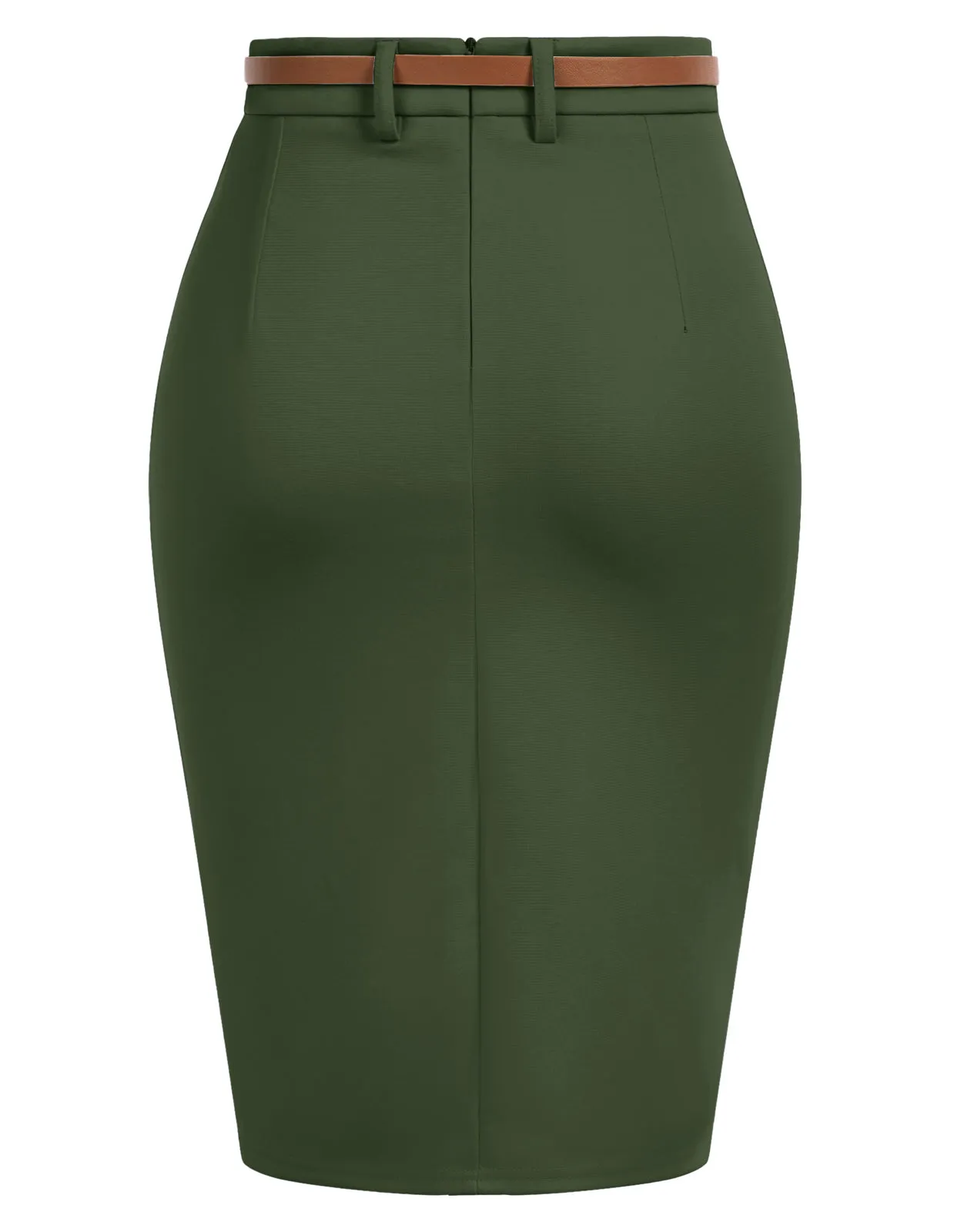 Vintage High Waist Front Slit Knee Length Ruched Pencil Skirt with Belt