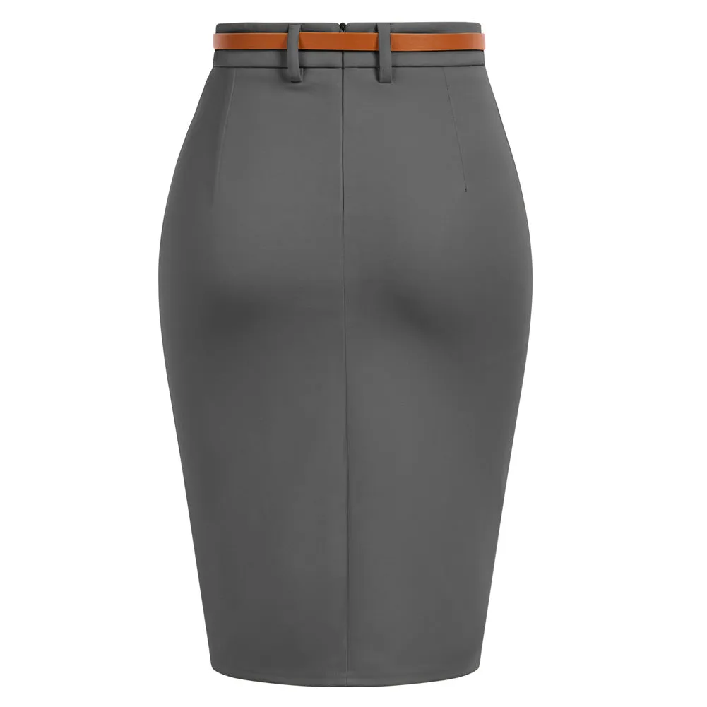 Vintage High Waist Front Slit Knee Length Ruched Pencil Skirt with Belt