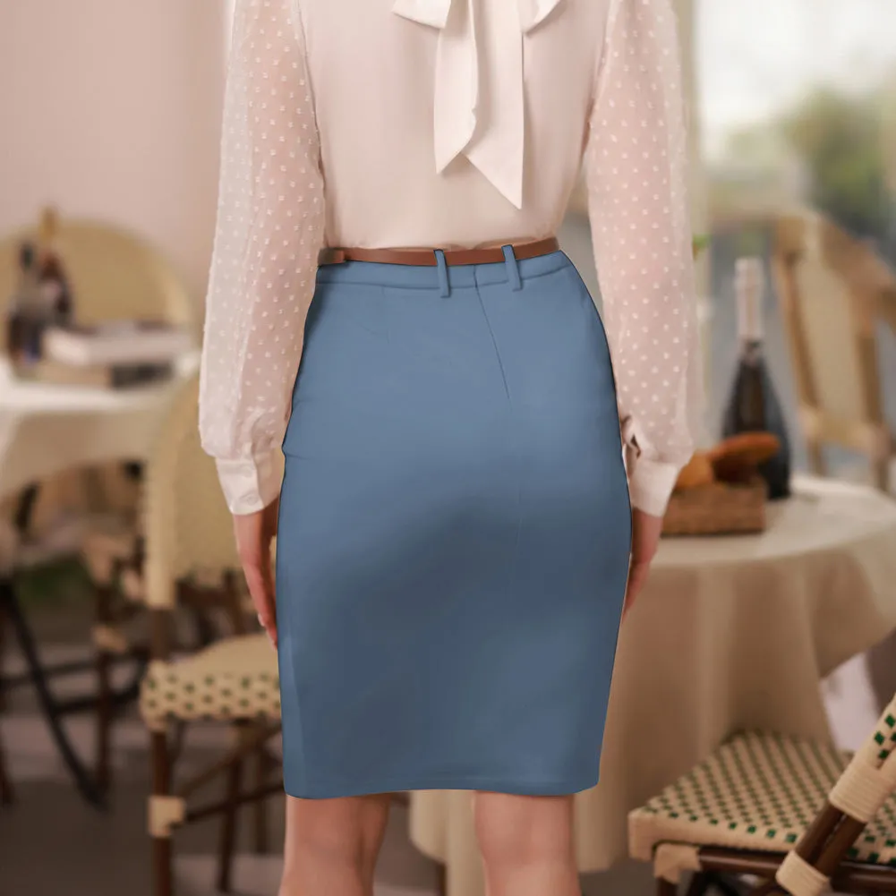 Vintage High Waist Front Slit Knee Length Ruched Pencil Skirt with Belt