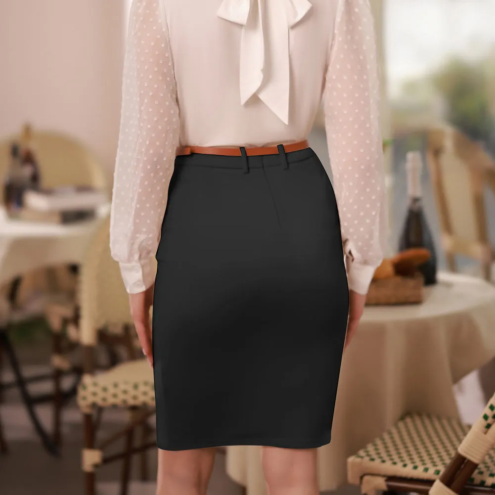 Vintage High Waist Front Slit Knee Length Ruched Pencil Skirt with Belt