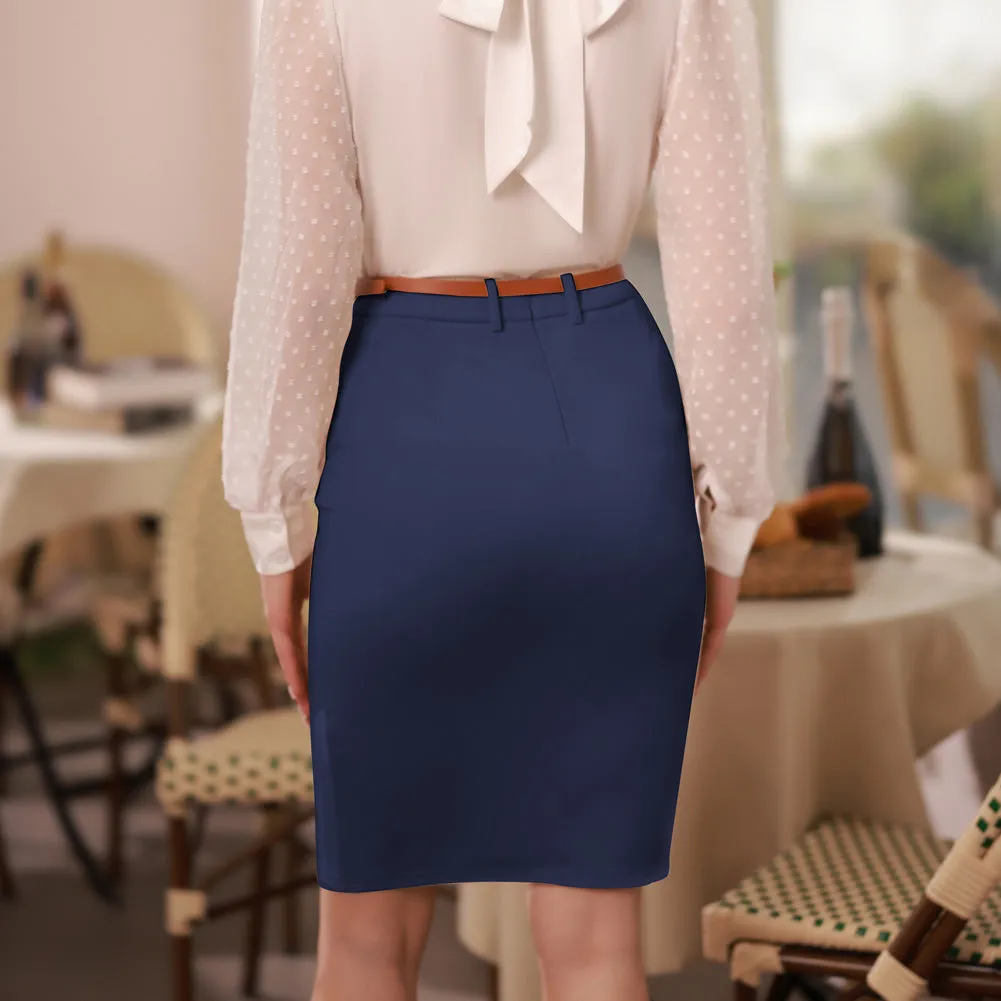 Vintage High Waist Front Slit Knee Length Ruched Pencil Skirt with Belt