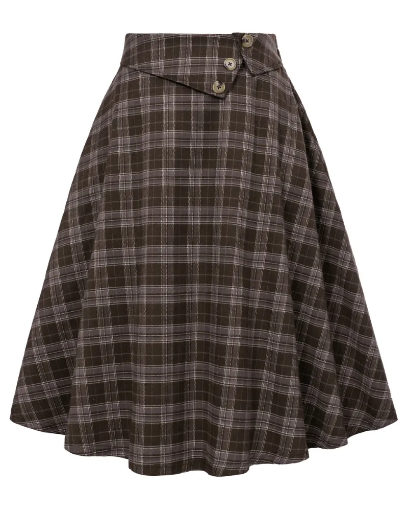 Vintage Plaid Style A-Line Skirt High Waisted Midi Skirt with Pockets & Buttons