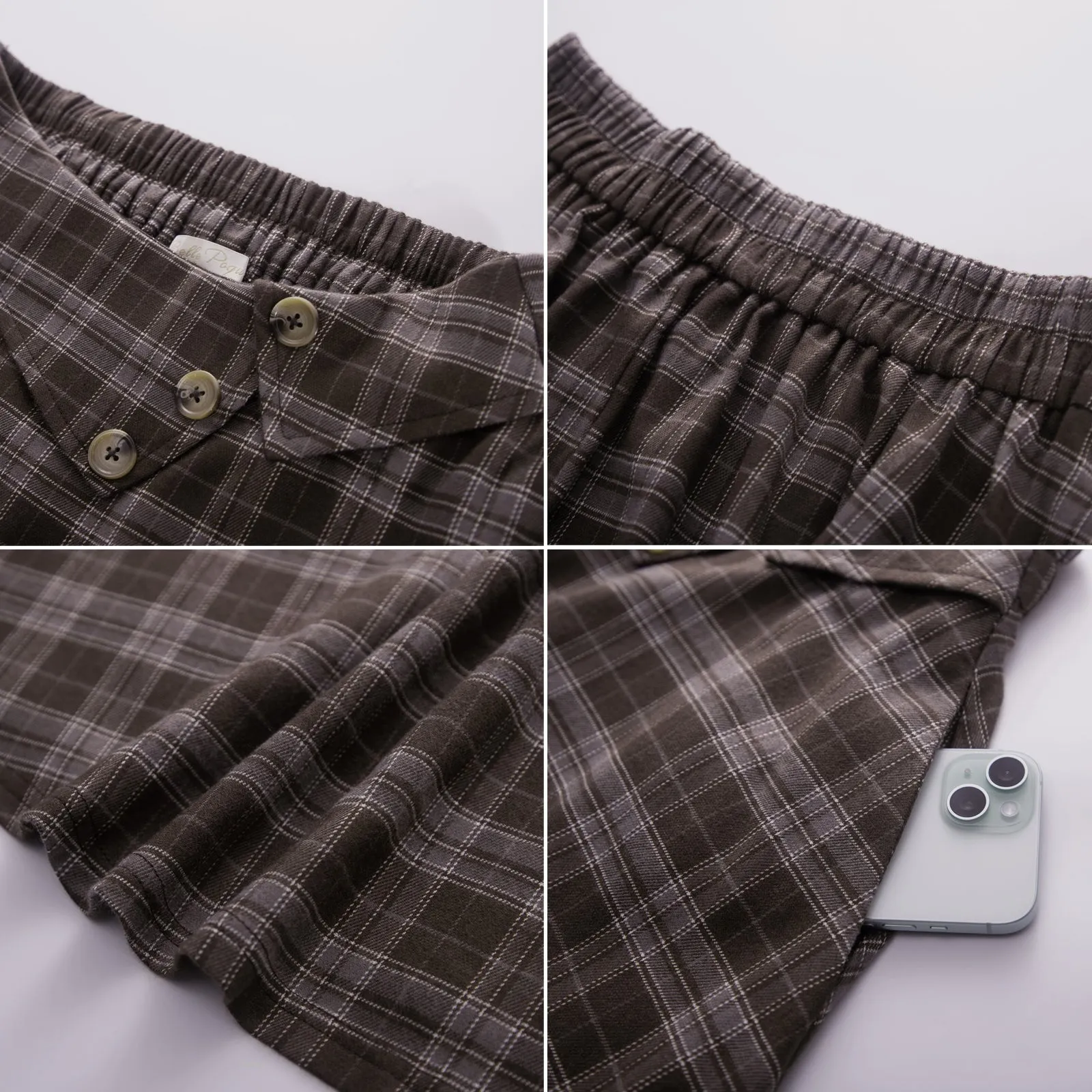 Vintage Plaid Style A-Line Skirt High Waisted Midi Skirt with Pockets & Buttons